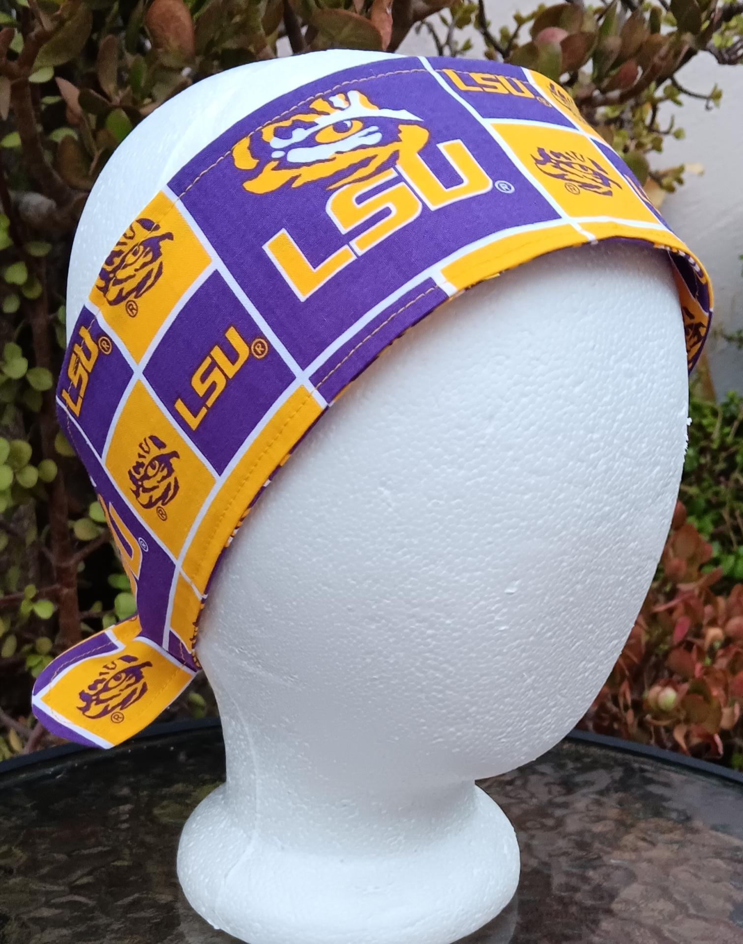 3” Wide Headband Made from LSU Licensed Fabric, self tie, hair wrap, pin up style, hair tie, scarf, retro, bandana, Louisiana