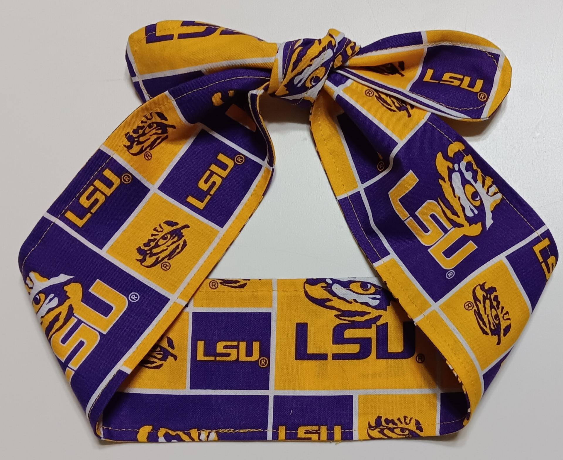 3” Wide Headband Made from LSU Licensed Fabric, self tie, hair wrap, pin up style, hair tie, scarf, retro, bandana, Louisiana