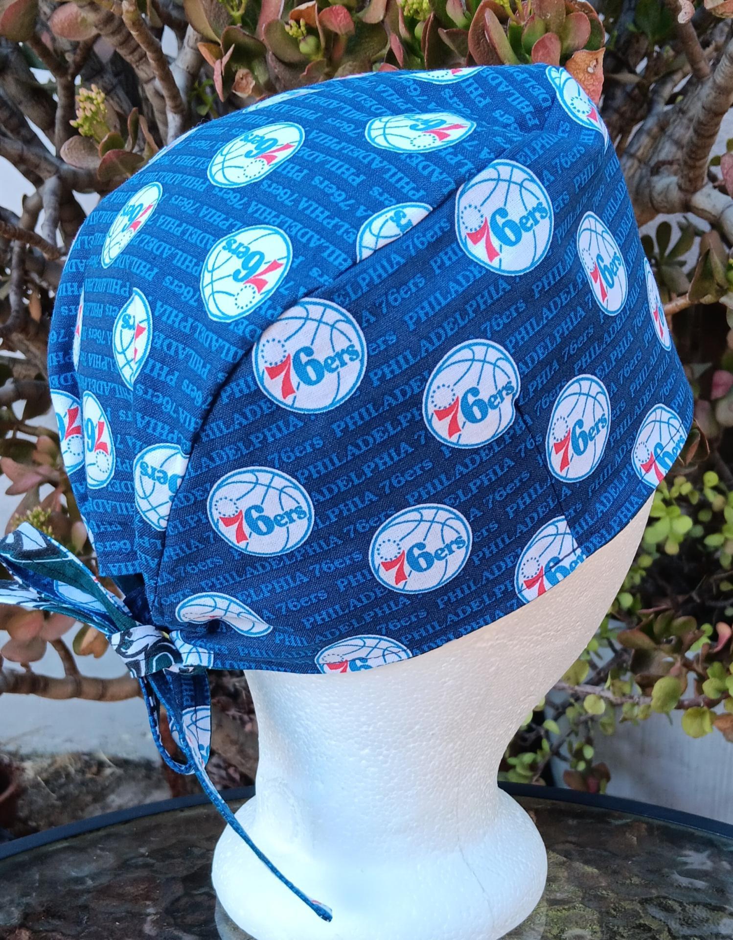 Tie Back, Reversible Philadelphia 76ers / Eagles scrub cap, skull cap for nurse, technician, welder, food service, biker, handmade