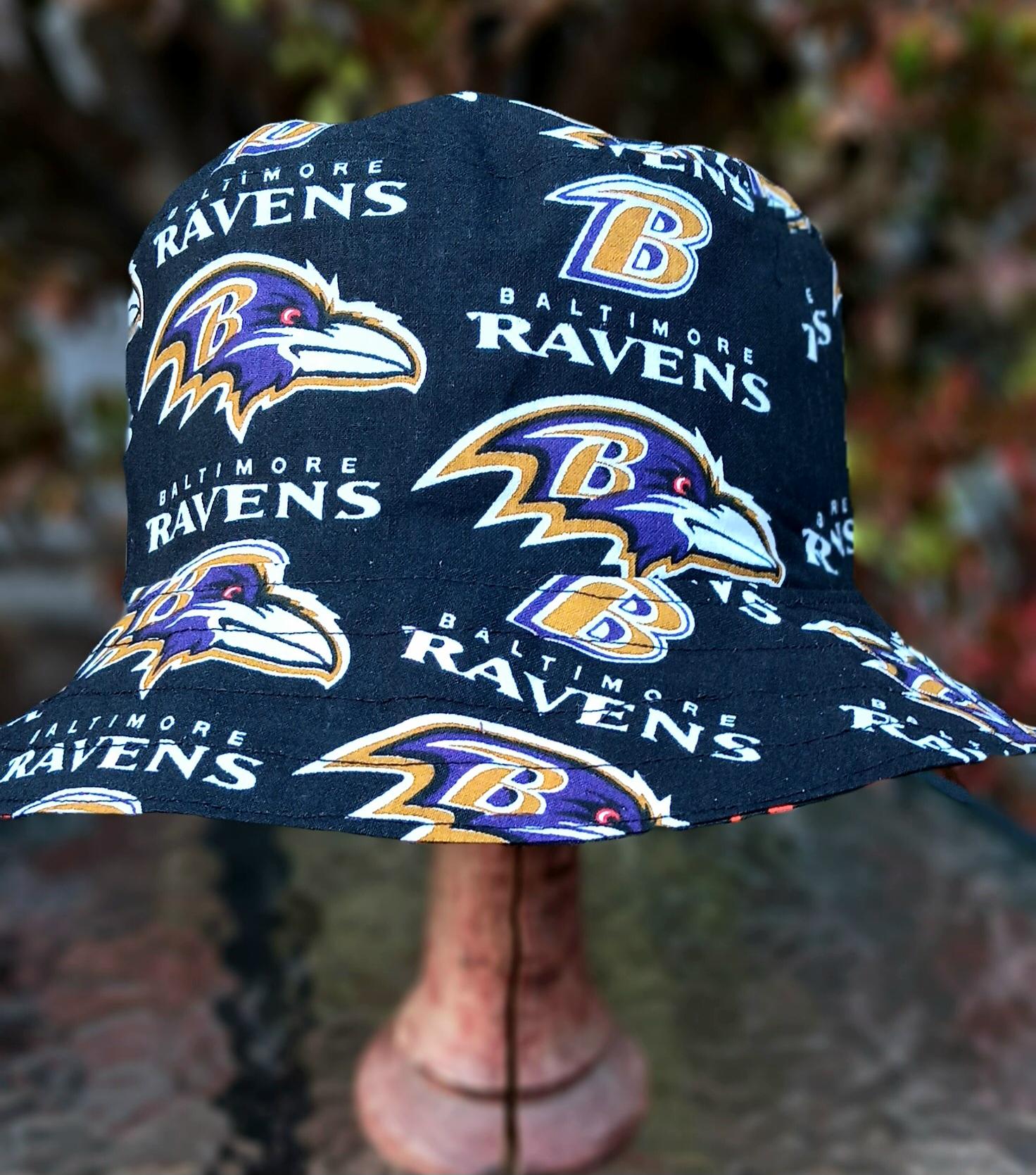 Baltimore Ravens Bucket Hat, Reversible to Black, Sizes S-XXL, Handmade, fishing hat, ponytail hat, sun hat, floppy hat