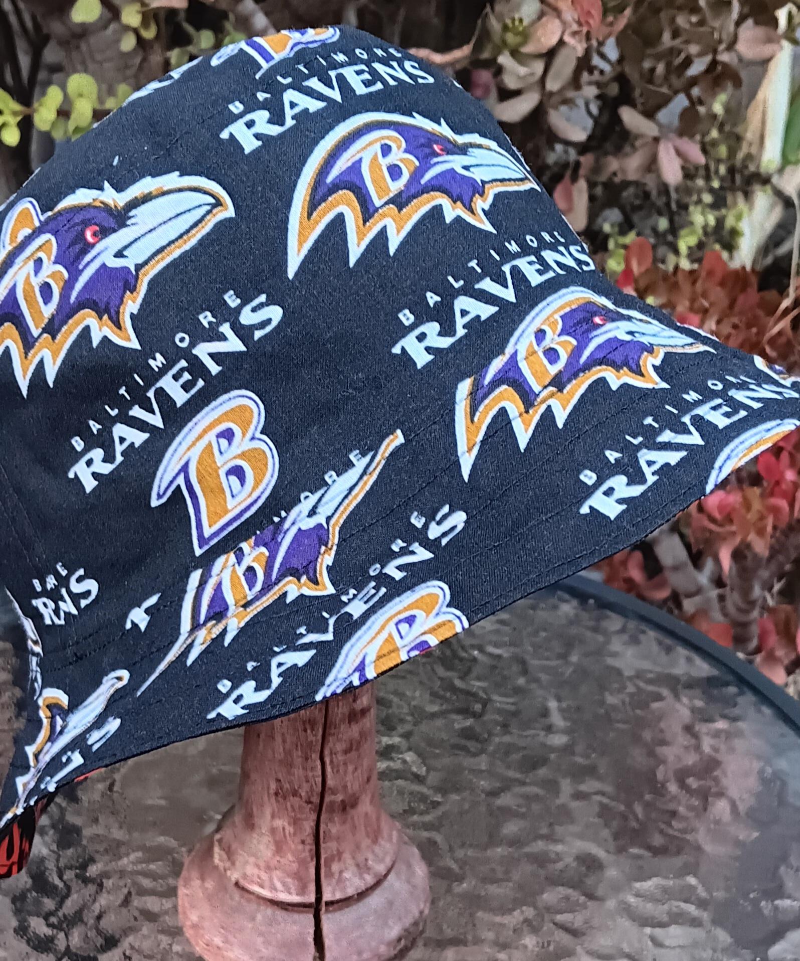 Baltimore Ravens Bucket Hat, Reversible to Black, Sizes S-XXL, Handmade, fishing hat, ponytail hat, sun hat, floppy hat