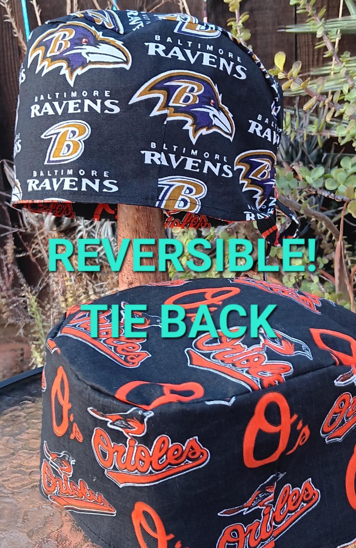 Tie Back, Reversible Baltimore Orioles & Ravens scrub cap, cotton, surgical skull nurse tech technician doctor medical hat Baltimore teams