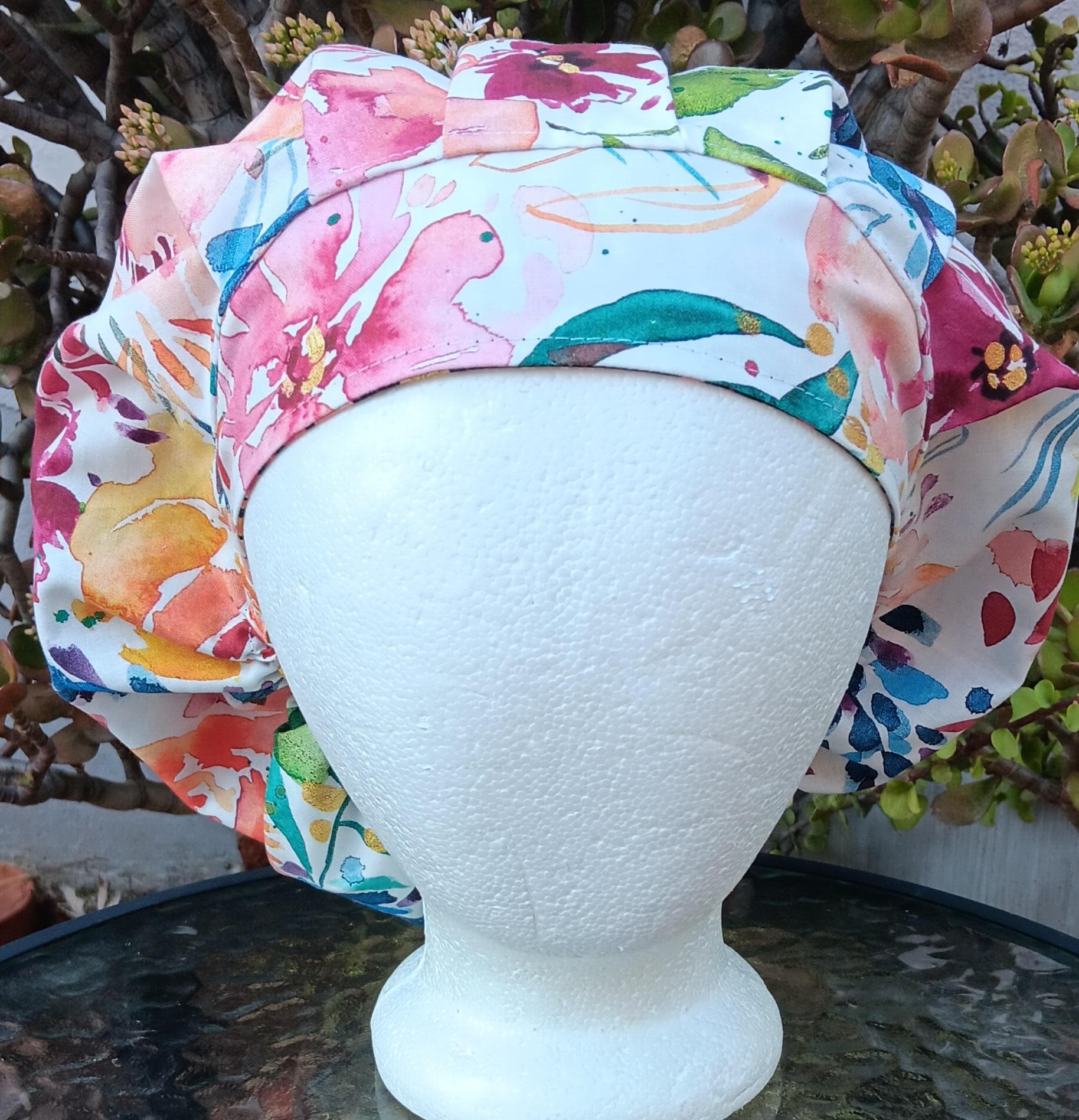 Bouffant Reversible Watercolor Floral scrub cap, adjustable, nurse, technician, doctor, food service, handmade