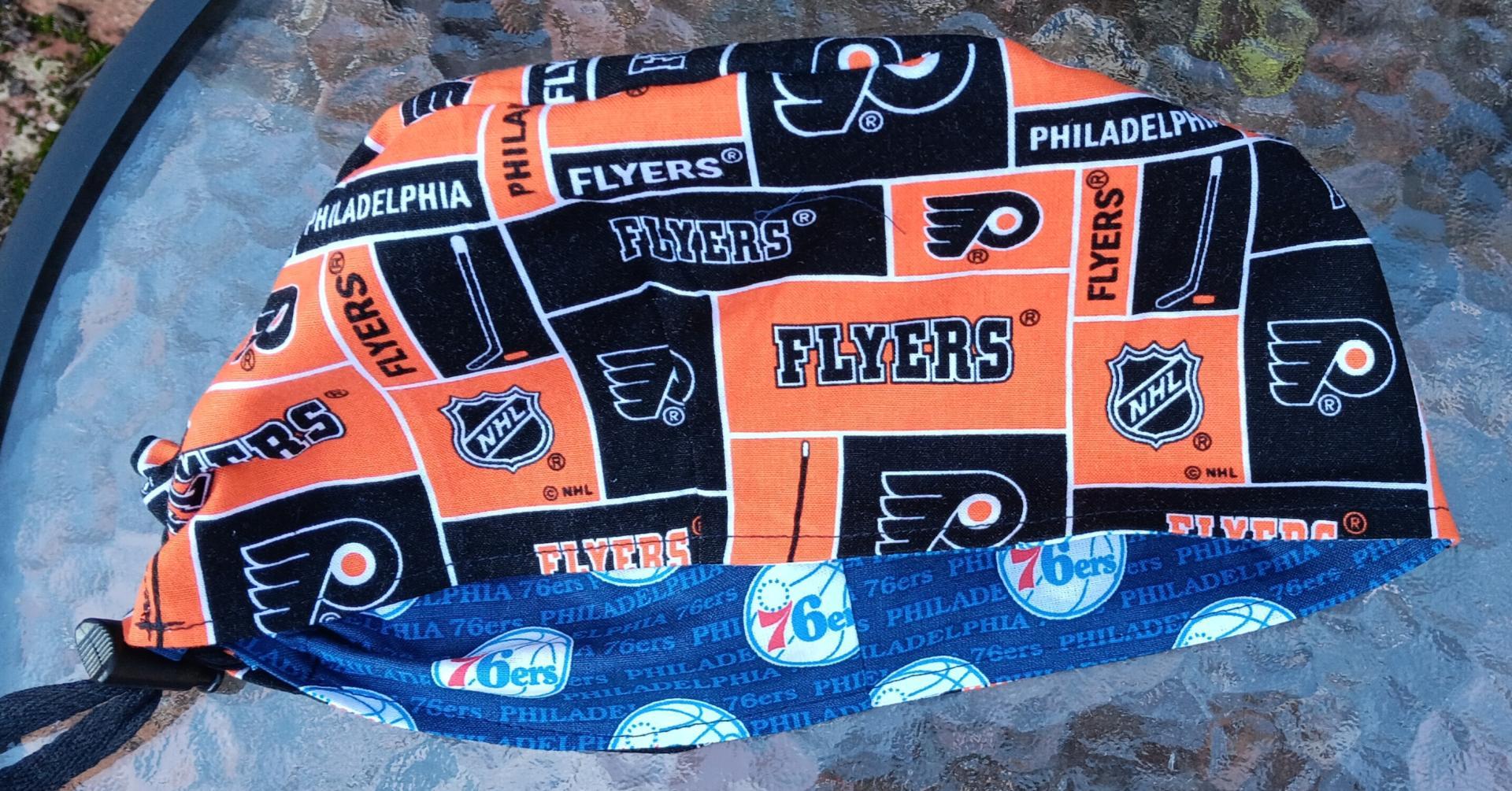 Toggle Cord Lock Reversible Philadelphia 76ers / Flyers scrub cap, adjustable, for nurse, dentist, technician, food service, handmade