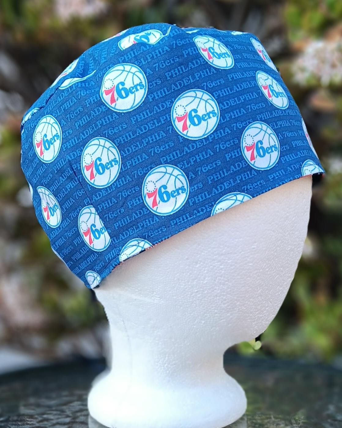 Toggle Cord Lock Reversible Philadelphia 76ers / Flyers scrub cap, adjustable, for nurse, dentist, technician, food service, handmade