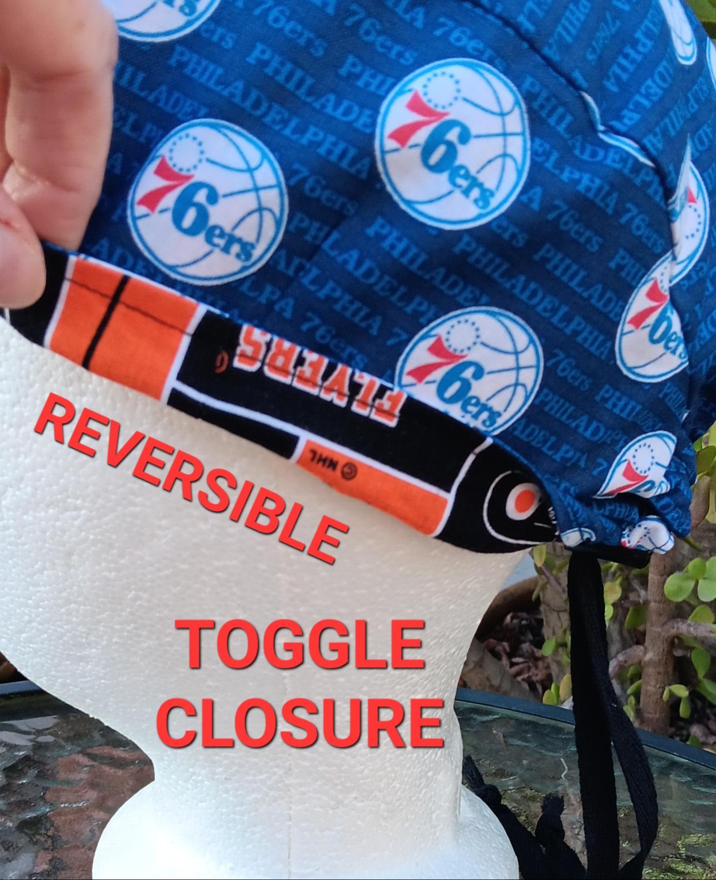 Toggle Cord Lock Reversible Philadelphia 76ers / Flyers scrub cap, adjustable, for nurse, dentist, technician, food service, handmade