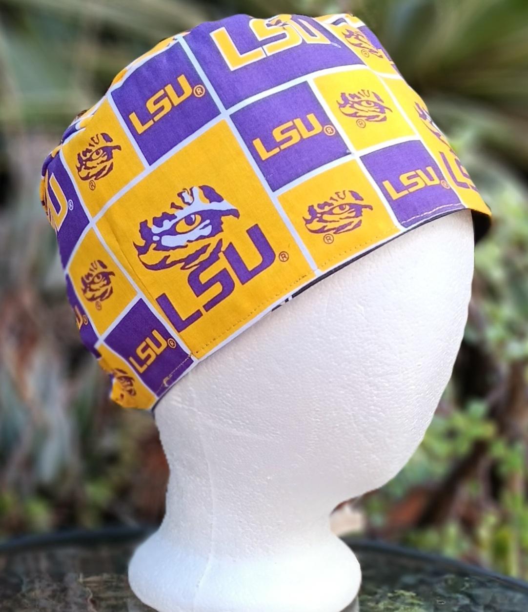 Toggle Cord Lock Reversible New Orleans Saints / LSU scrub cap, adjustable, for nurse, dentist, technician, food service, handmade