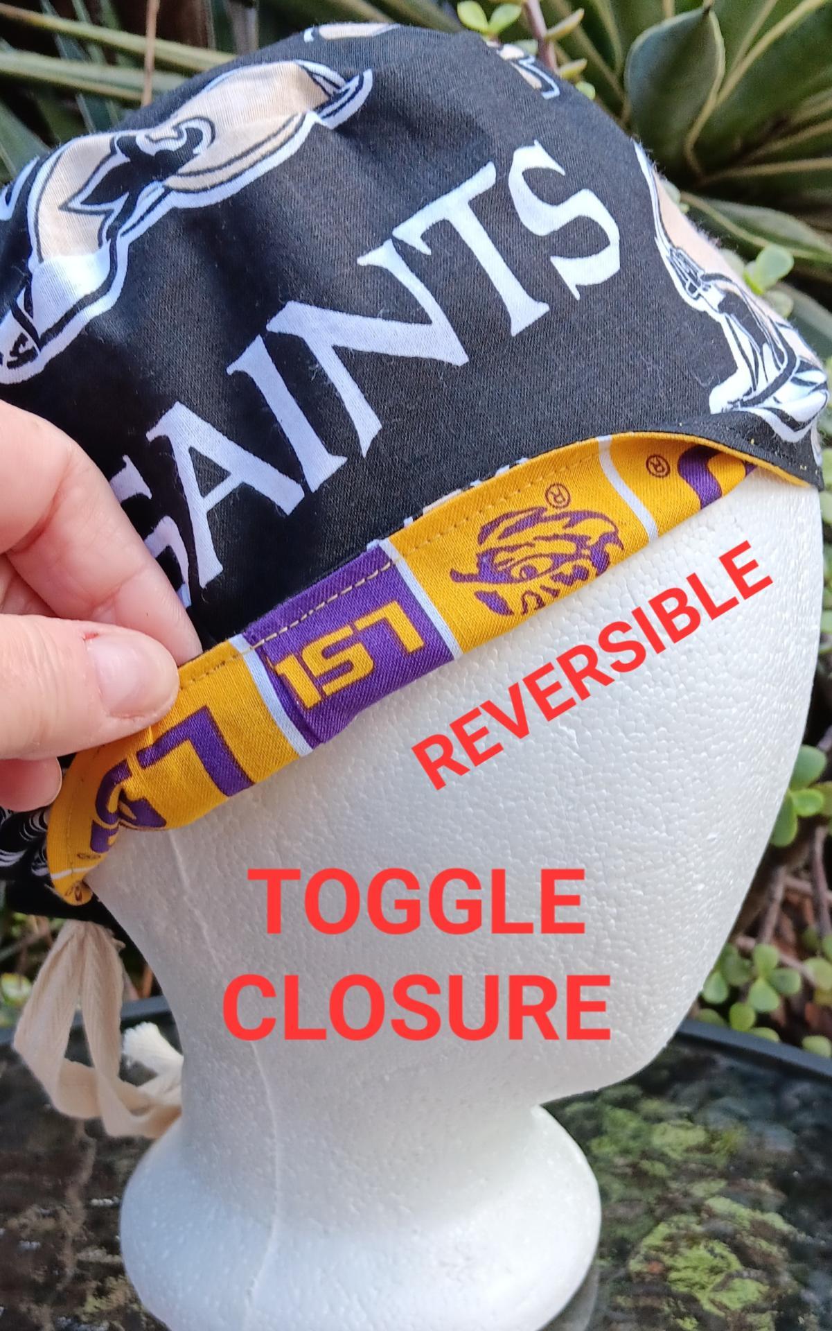Toggle Cord Lock Reversible New Orleans Saints / LSU scrub cap, adjustable, for nurse, dentist, technician, food service, handmade
