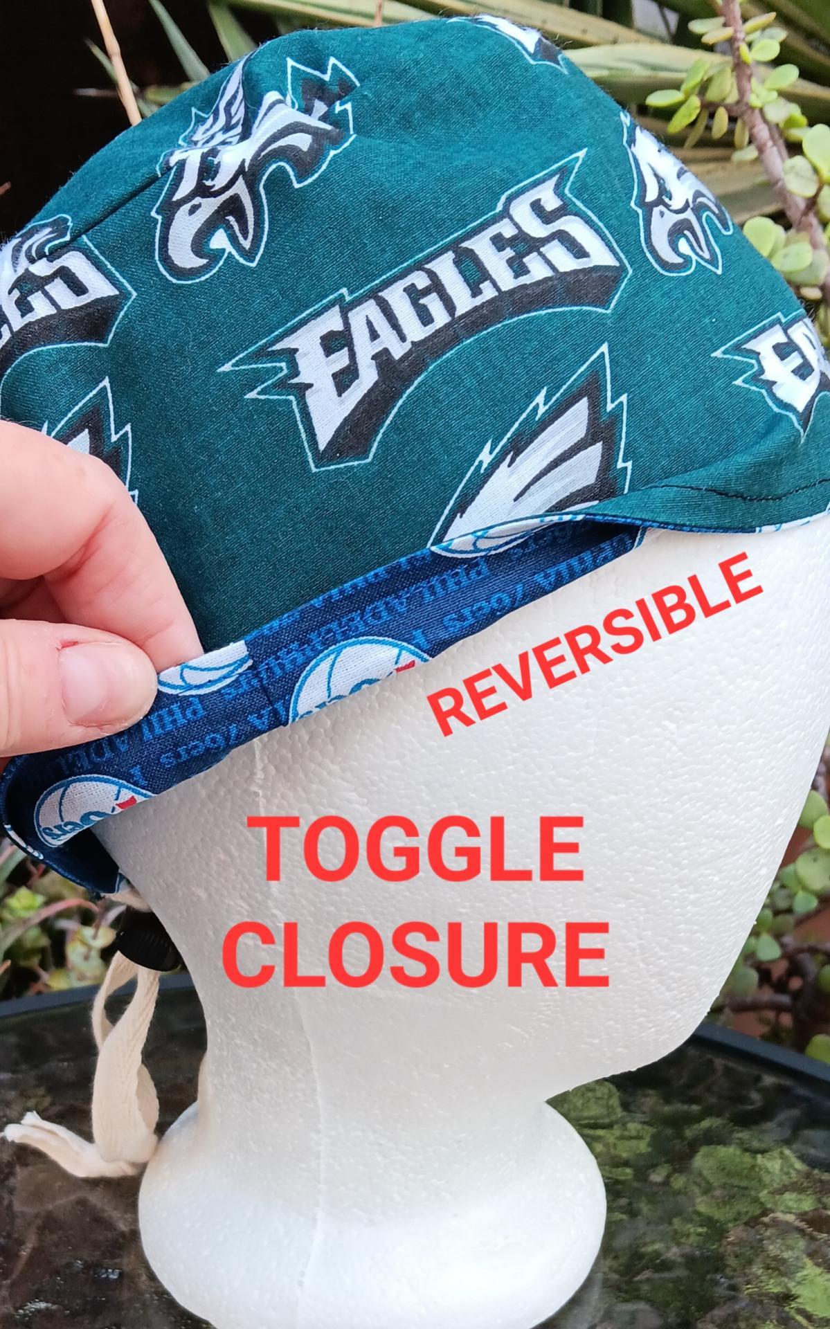 Toggle Cord Lock Reversible Philadelphia Eagles / 76ers scrub cap, adjustable, for nurse, dentist, technician, food service, handmade