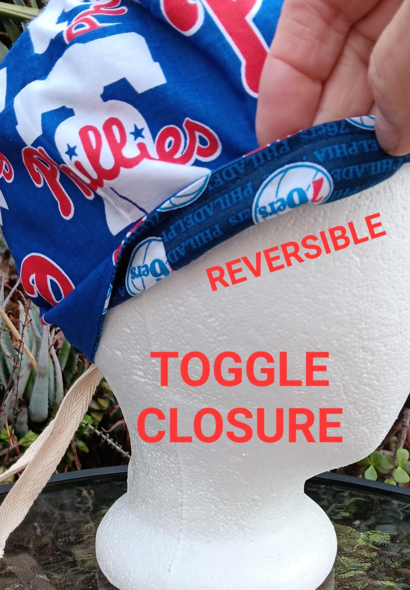 Toggle Cord Lock Reversible Philadelphia Phillies / 76ers scrub cap, adjustable, for nurse, dentist, technician, food service, handmade