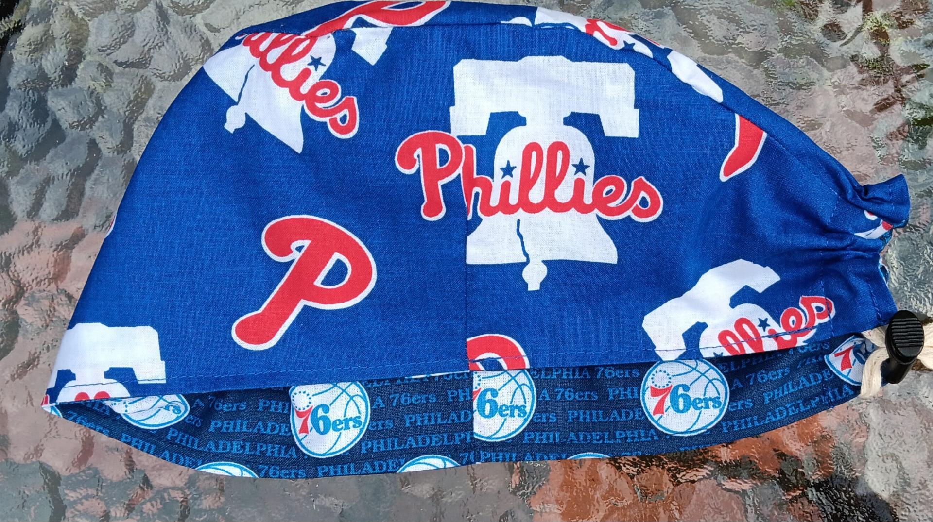 Toggle Cord Lock Reversible Philadelphia Phillies / 76ers scrub cap, adjustable, for nurse, dentist, technician, food service, handmade