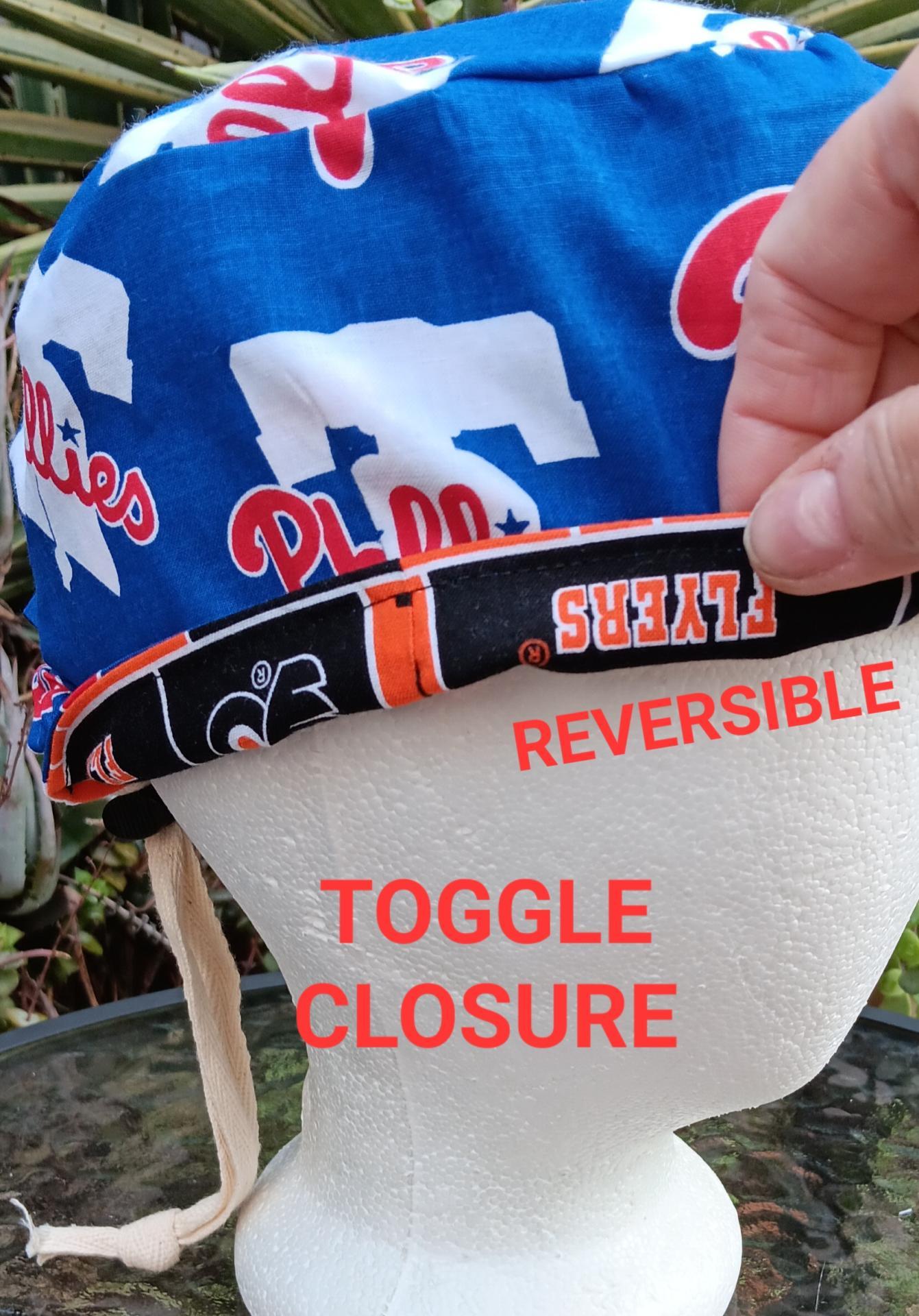 Toggle Cord Lock Reversible Philadelphia Phillies / Flyers scrub cap, adjustable, for nurse, dentist, technician, food service, handmade