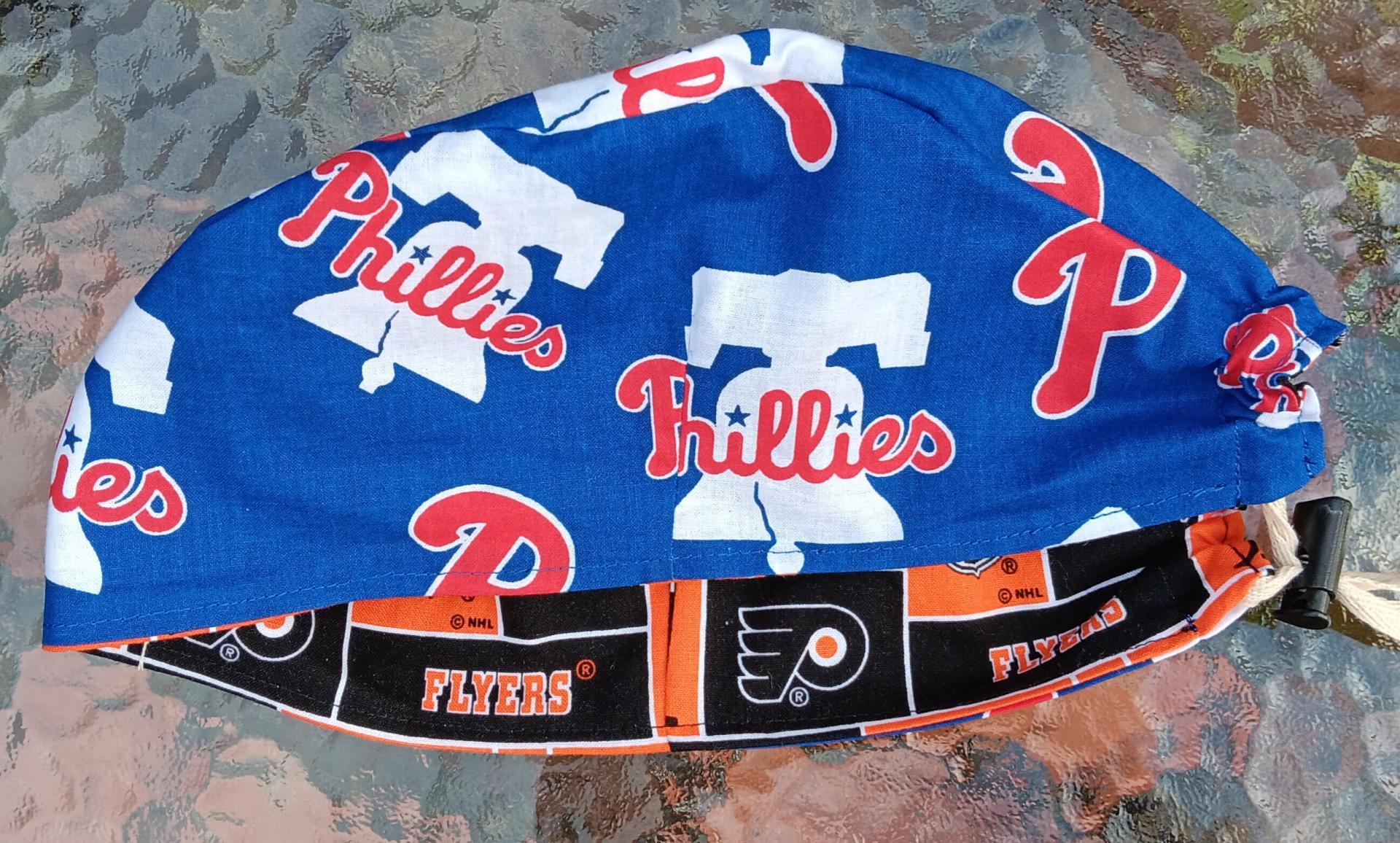 Toggle Cord Lock Reversible Philadelphia Phillies / Flyers scrub cap, adjustable, for nurse, dentist, technician, food service, handmade