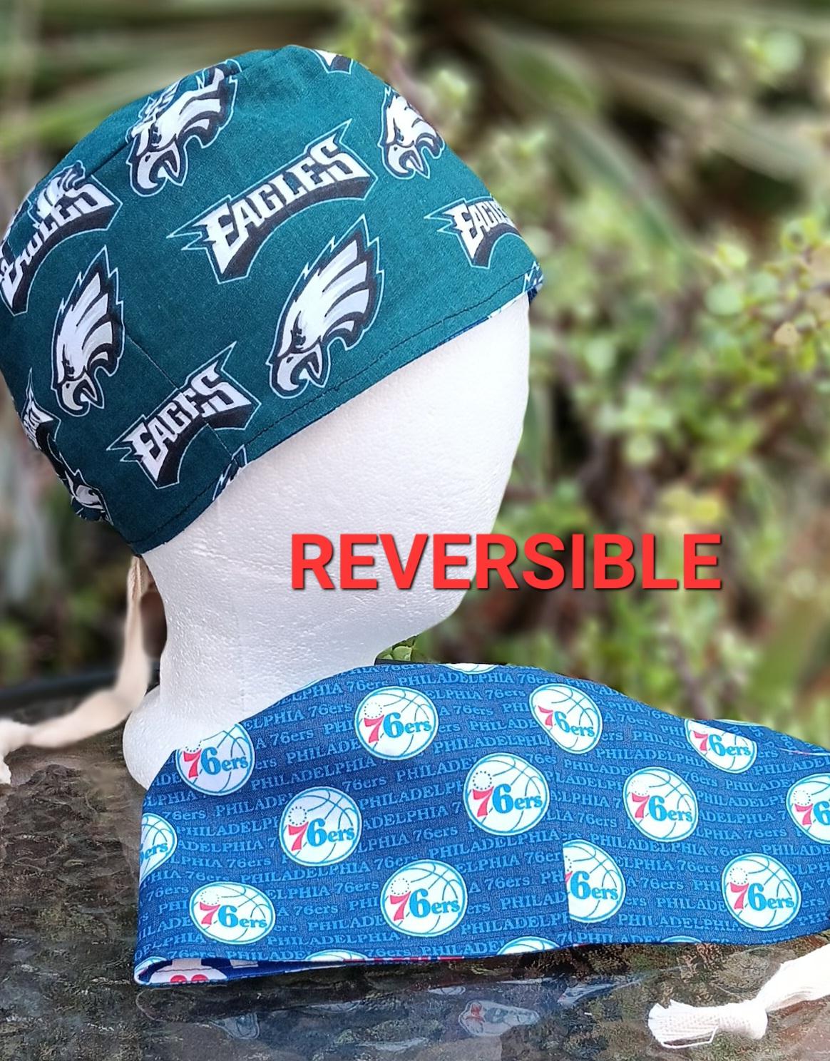 Toggle Cord Lock Reversible Philadelphia Eagles / 76ers scrub cap, adjustable, for nurse, dentist, technician, food service, handmade