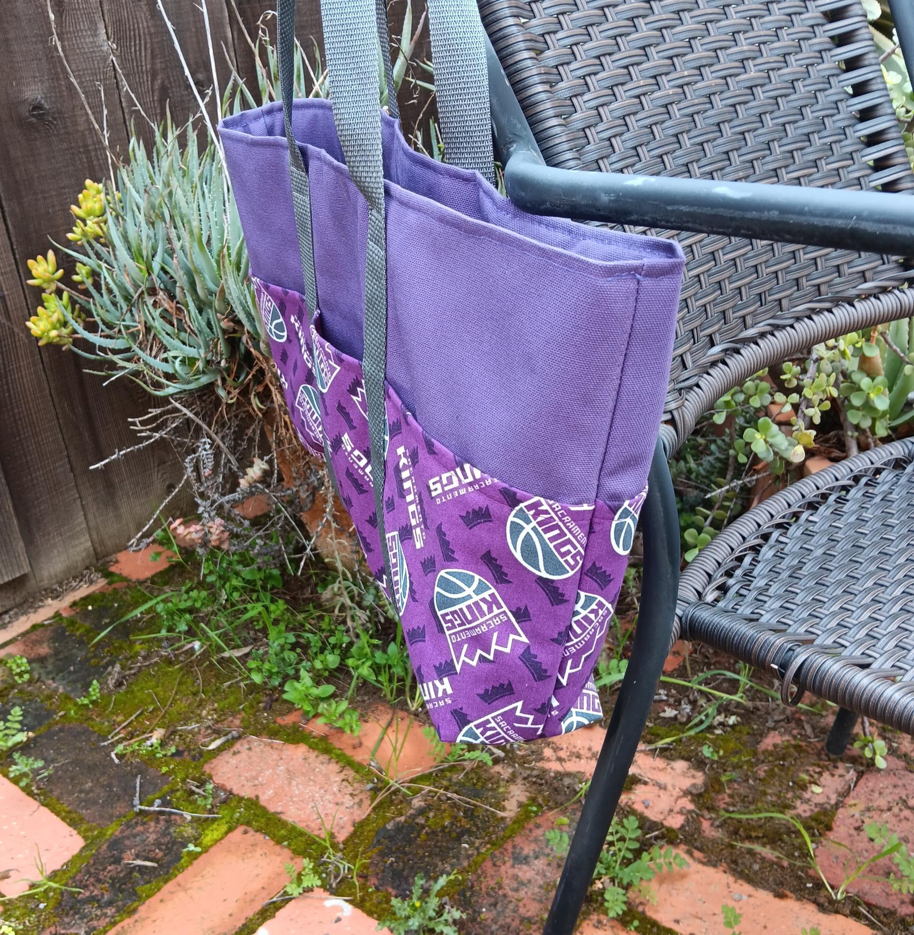 Small canvas heavy duty tote bag, Sacramento Kings, basketball, purple, six exterior pockets, handmade from licensed fabric