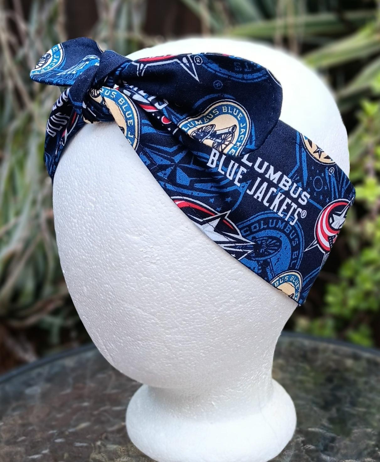 3” W Columbus Blue Jackets headband, self tie, hair wrap, pin up style, scarf, retro style, rockabilly, handmade