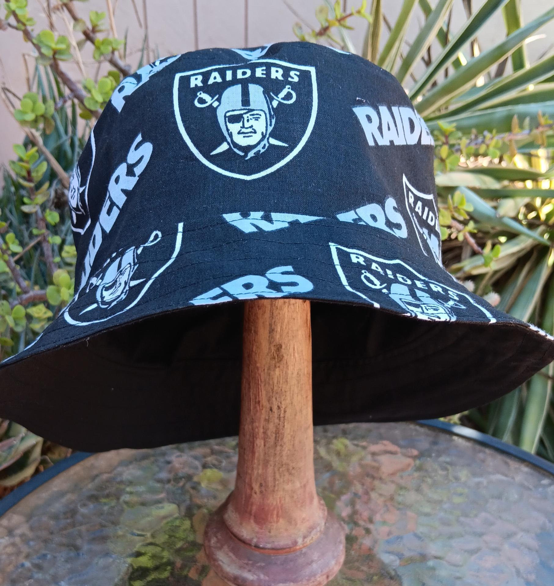 Las Vegas Raiders Bucket Hat, Handmade, Reversible to Black, Sizes up tp 4XL, Ponytail Option, summer hat, fishing hat, floppy hat
