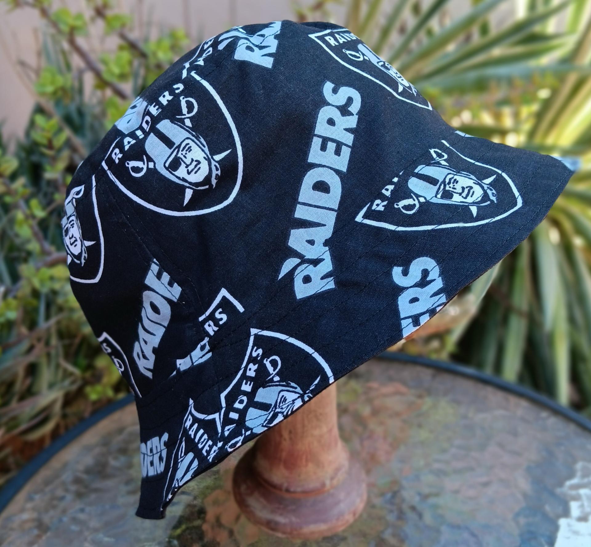Las Vegas Raiders Bucket Hat, Handmade, Reversible to Black, Sizes up tp 4XL, Ponytail Option, summer hat, fishing hat, floppy hat