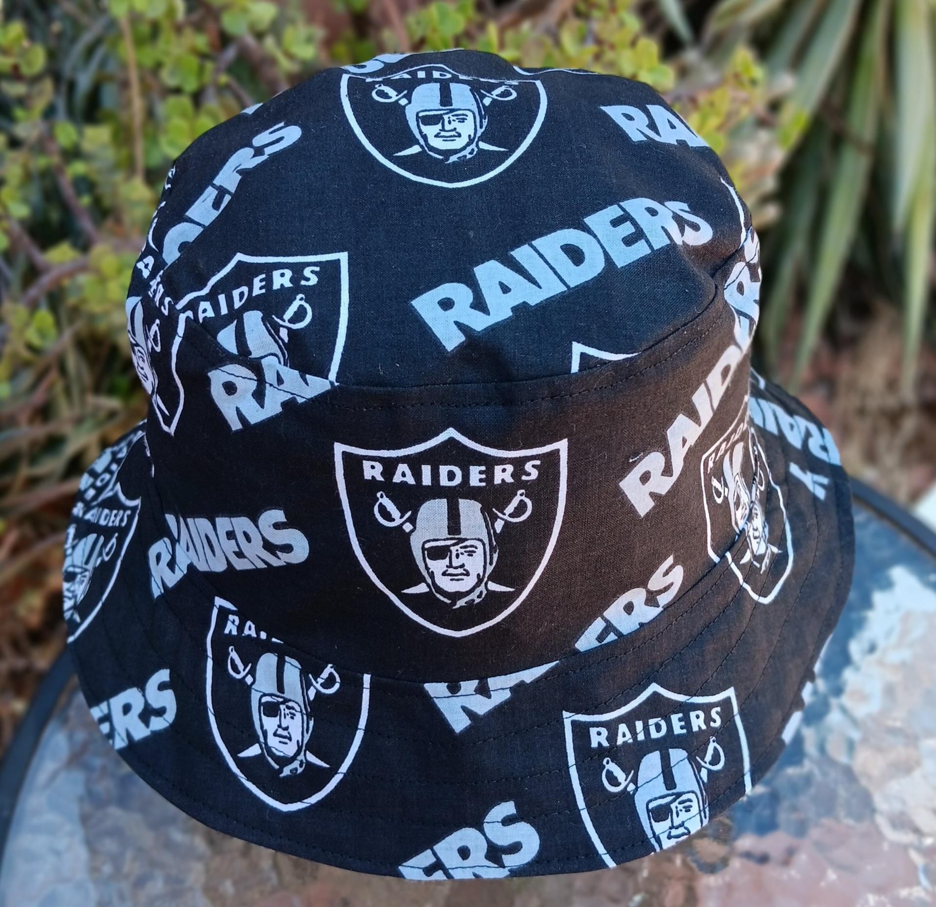 Las Vegas Raiders Bucket Hat, Handmade, Reversible to Black, Sizes up tp 4XL, Ponytail Option, summer hat, fishing hat, floppy hat