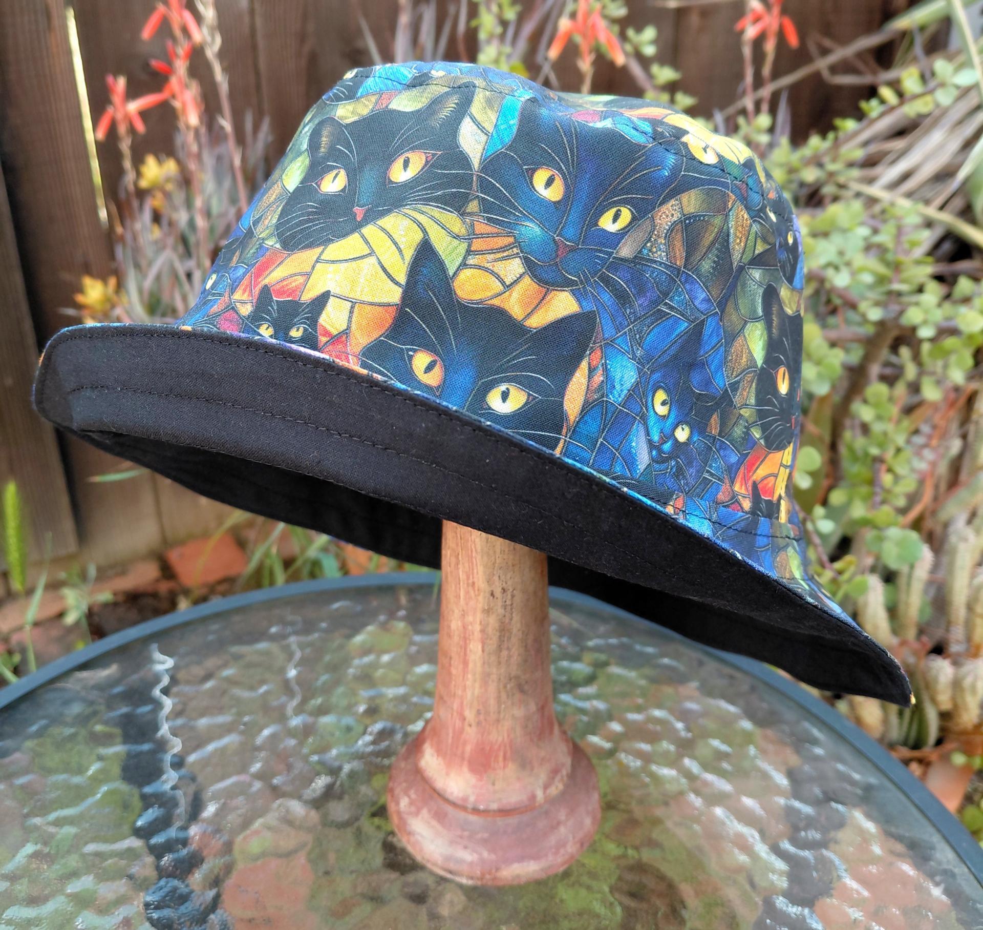 Black Cats Bucket Hat, Stained Glass Look, Reversible to Black, Sizes up to 4XL, sun hat, floppy hat, gift for cat lover, handmade