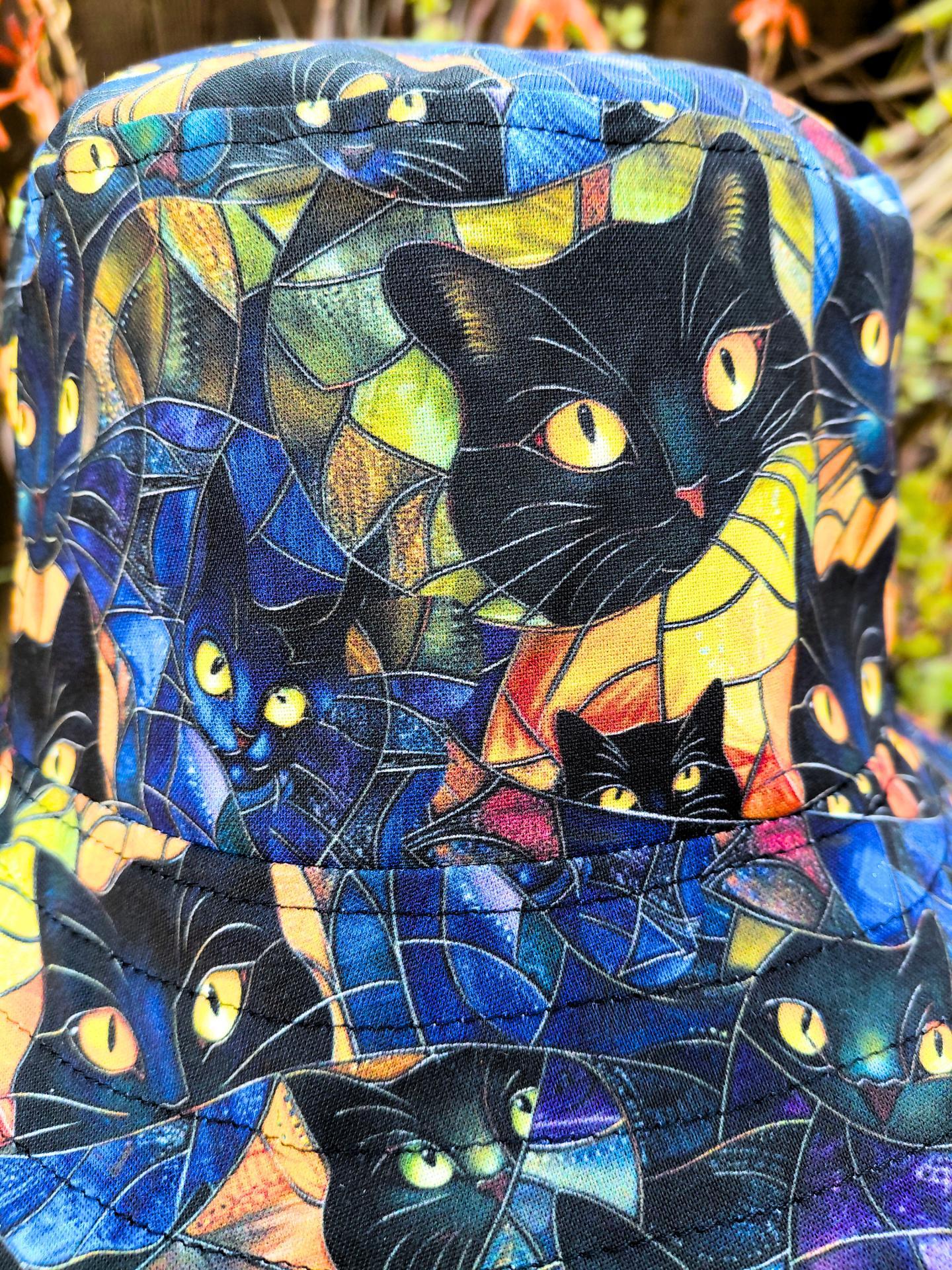 Black Cats Bucket Hat, Stained Glass Look, Reversible to Black, Sizes up to 4XL, sun hat, floppy hat, gift for cat lover, handmade