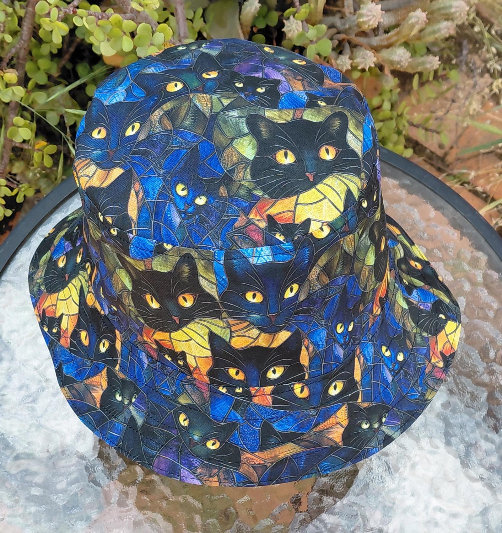 Black Cats Bucket Hat, Stained Glass Look, Reversible to Black, Sizes up to 4XL, sun hat, floppy hat, gift for cat lover, handmade