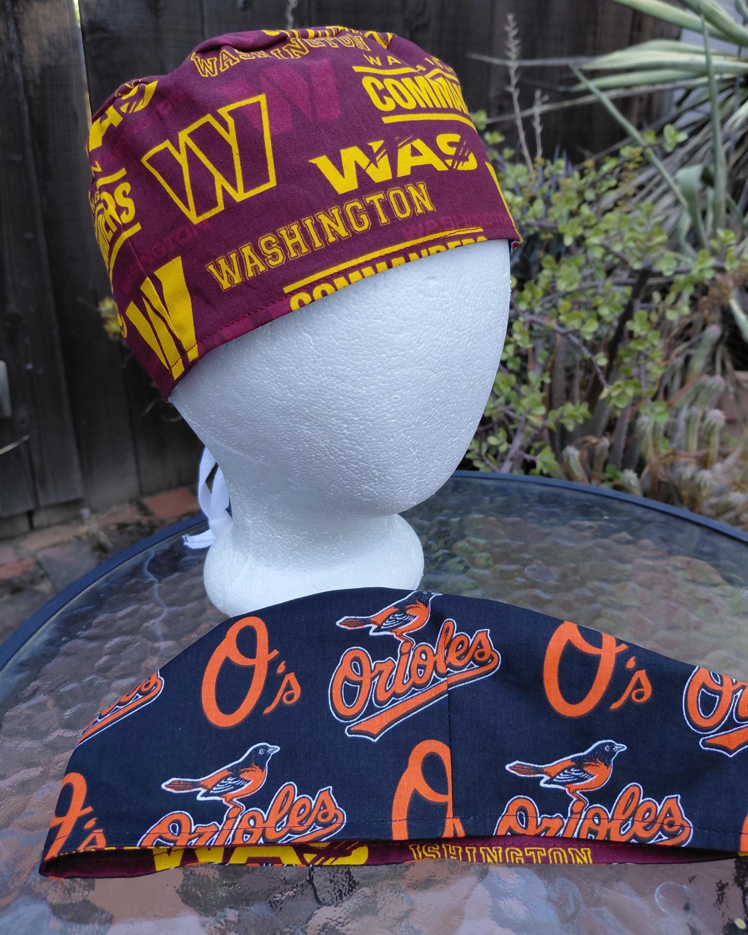 Toggle Cord Lock Reversible Washington Commanders / Baltimore Orioles scrub cap, handmade, adjustable, for nurse, dentist, technician, food service