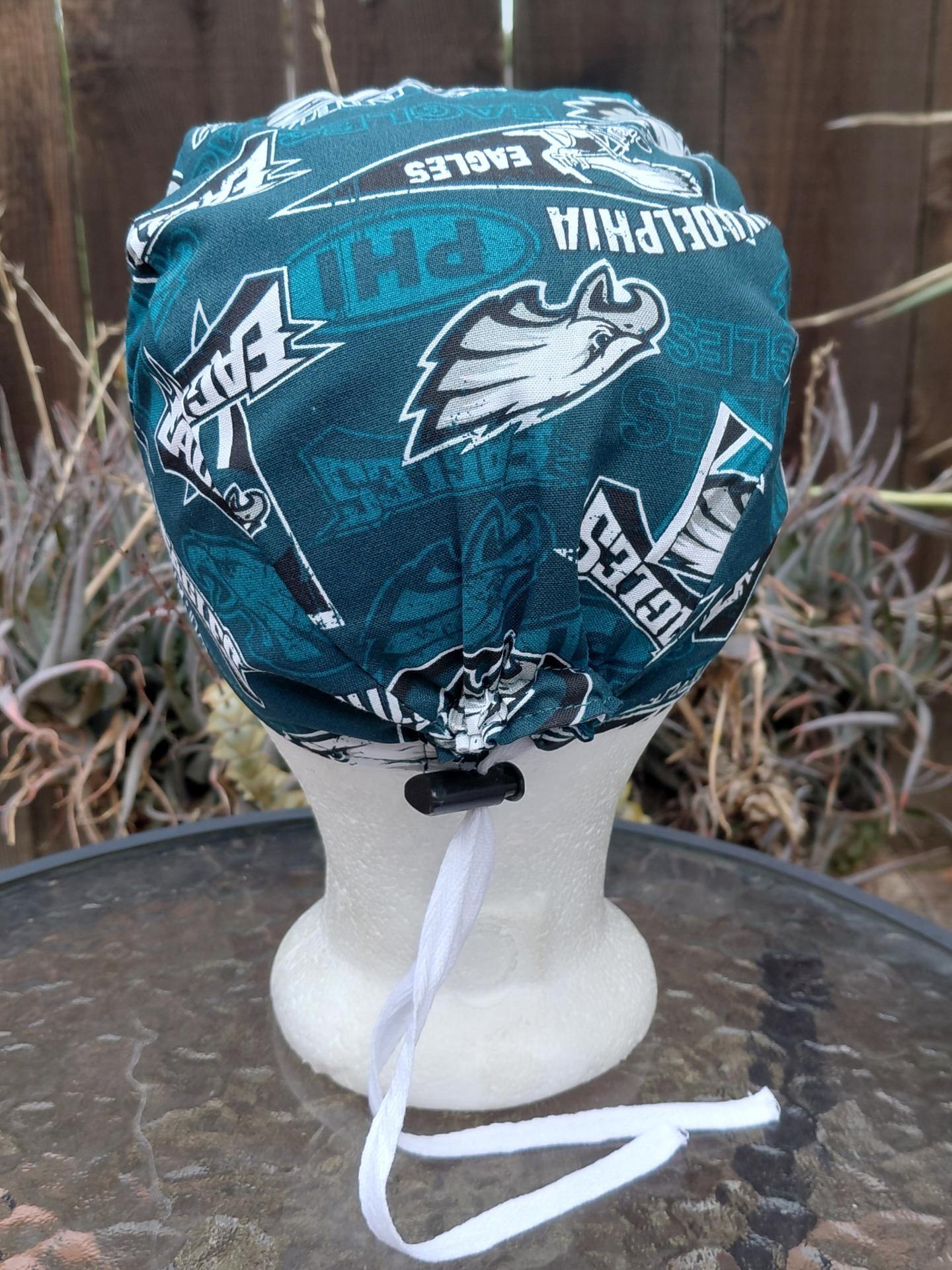 Toggle Cord Lock Reversible Philadelphia Eagles / 76ers scrub cap, handmade, adjustable, for nurse, dentist, technician, food service
