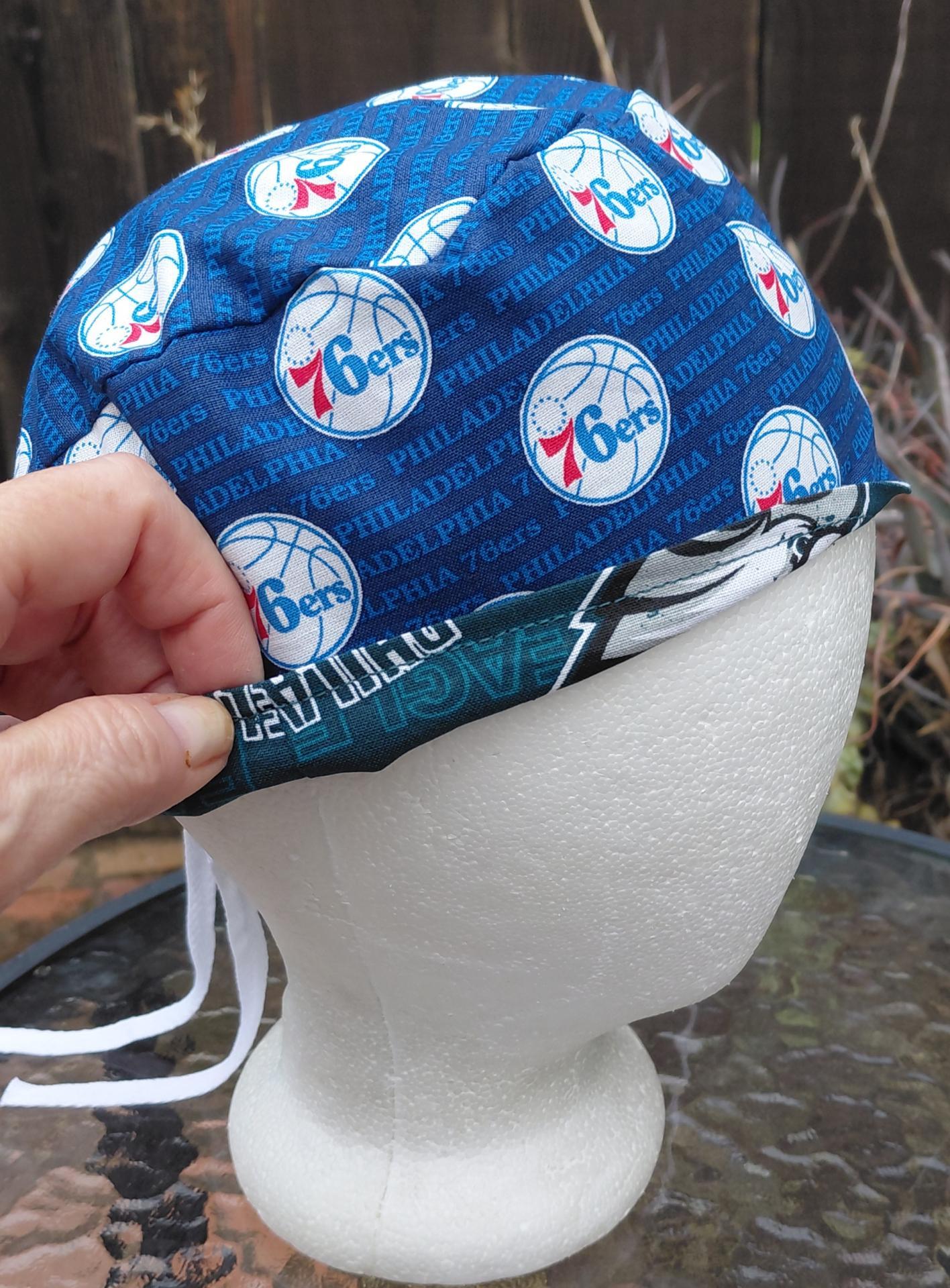 Toggle Cord Lock Reversible Philadelphia Eagles / 76ers scrub cap, handmade, adjustable, for nurse, dentist, technician, food service