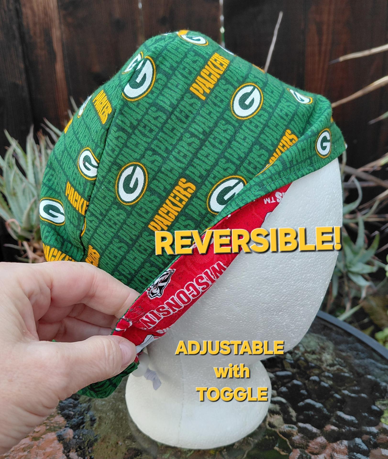 Euro Style Reversible Green Bay Packers / Badgers scrub cap, handmade, adjustable with toggle, for nurse, dentist, technician, food service