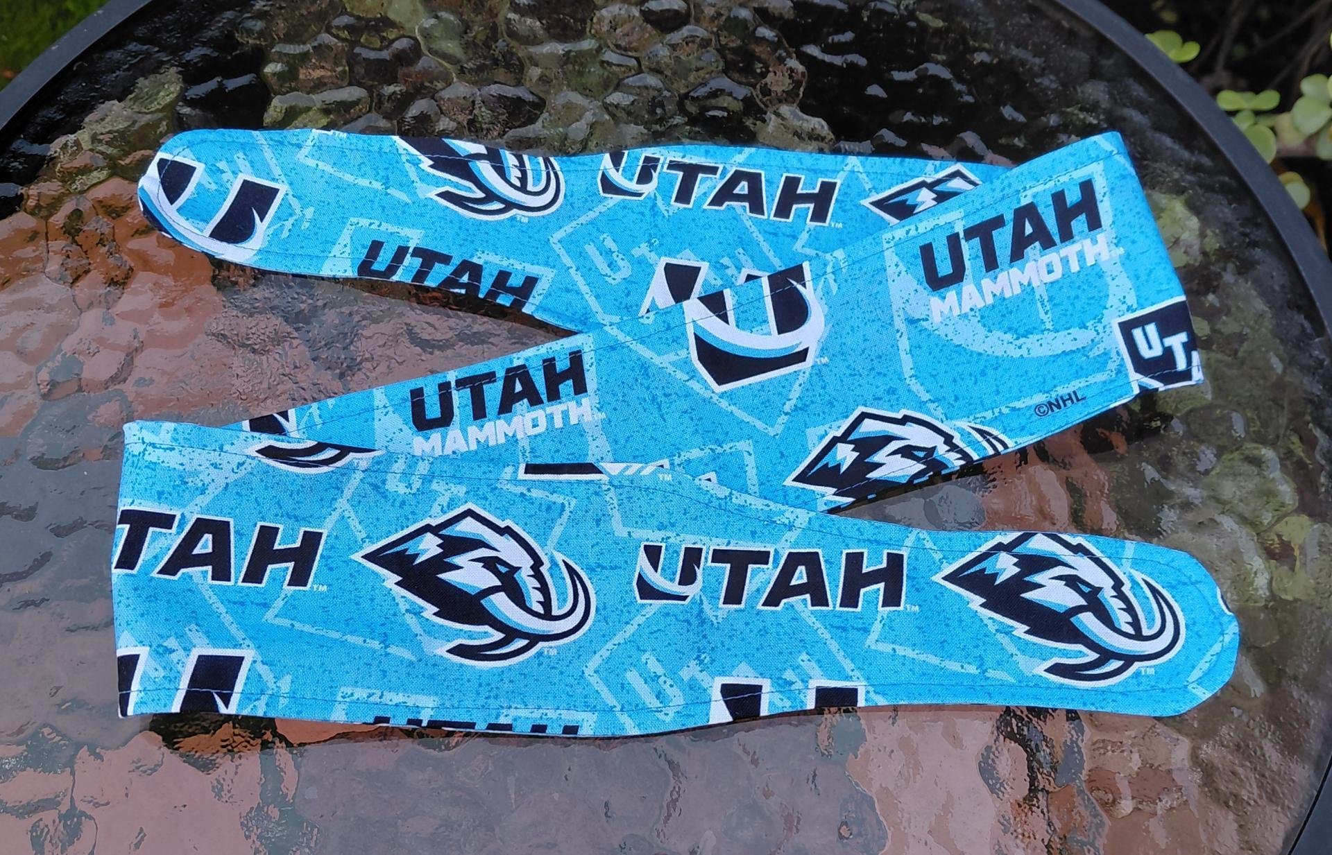 3” Wide Utah Mammoth Headband, handmade, self tie, hair wrap, pin up, hair tie, scarf, retro style, hockey