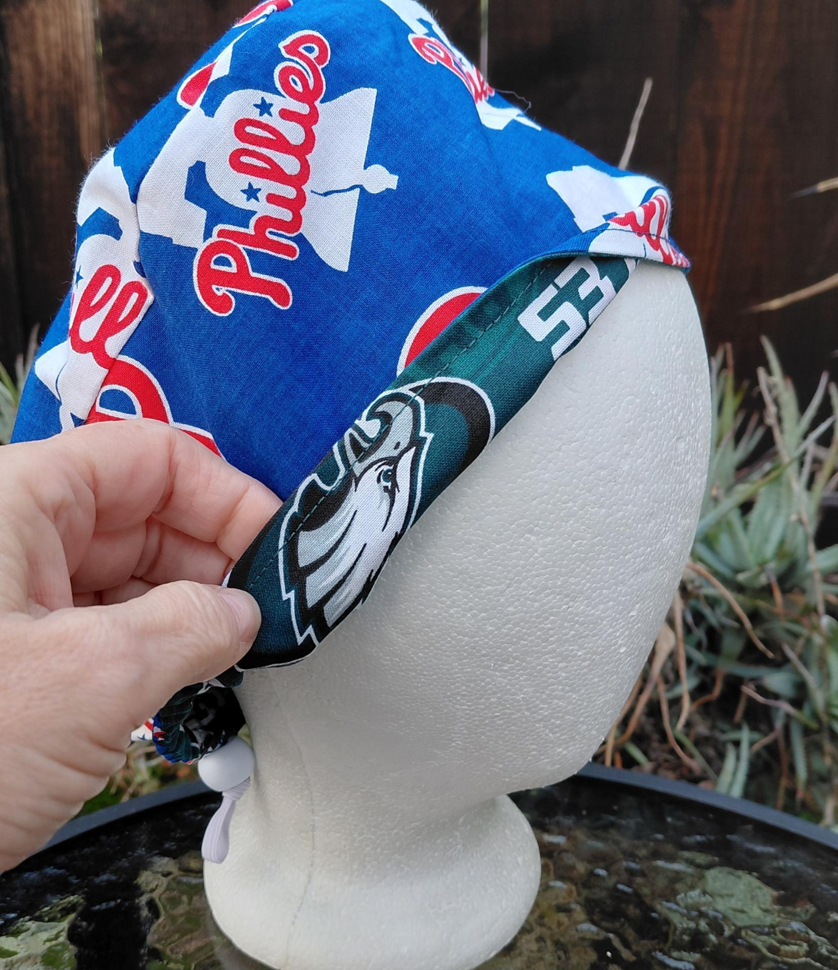 Euro Style Reversible Philadelphia Eagles / Phillies scrub cap, handmade, adjustable with toggle, for nurse, dentist, technician, food service
