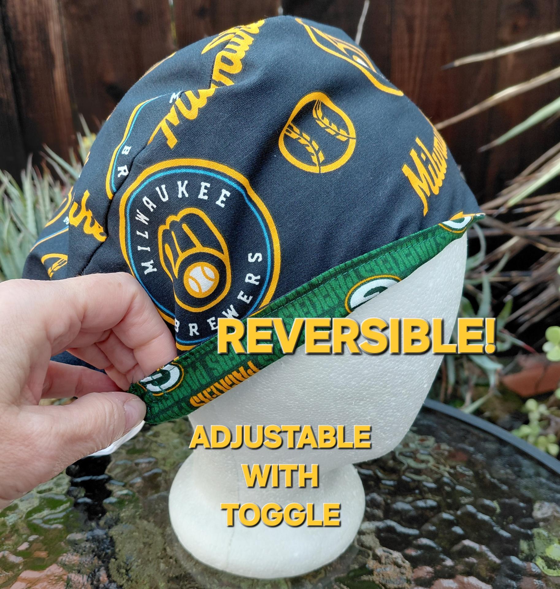 Euro Style Reversible Green Bay Packers / Milwaukee Brewers scrub cap, handmade, adjustable with toggle, for nurse, dentist, technician, food service