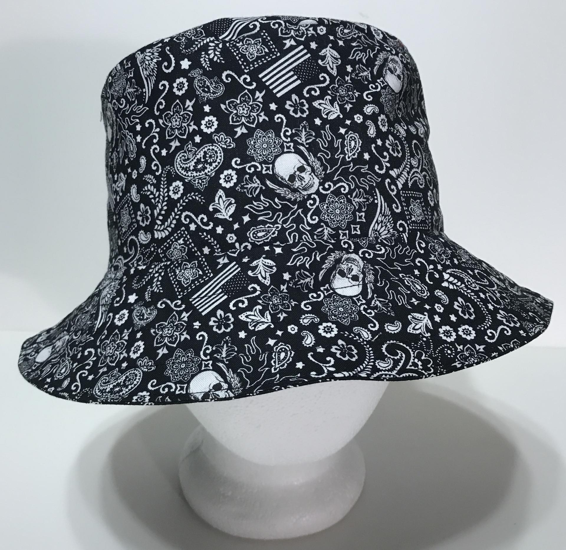 Skulls & Flags Bandana Print Bucket Hat, Reversible, Unisex Sizes S-XXL, cotton, summer hat, fishing hat, ponytail sun hat, floppy hat, Halloween