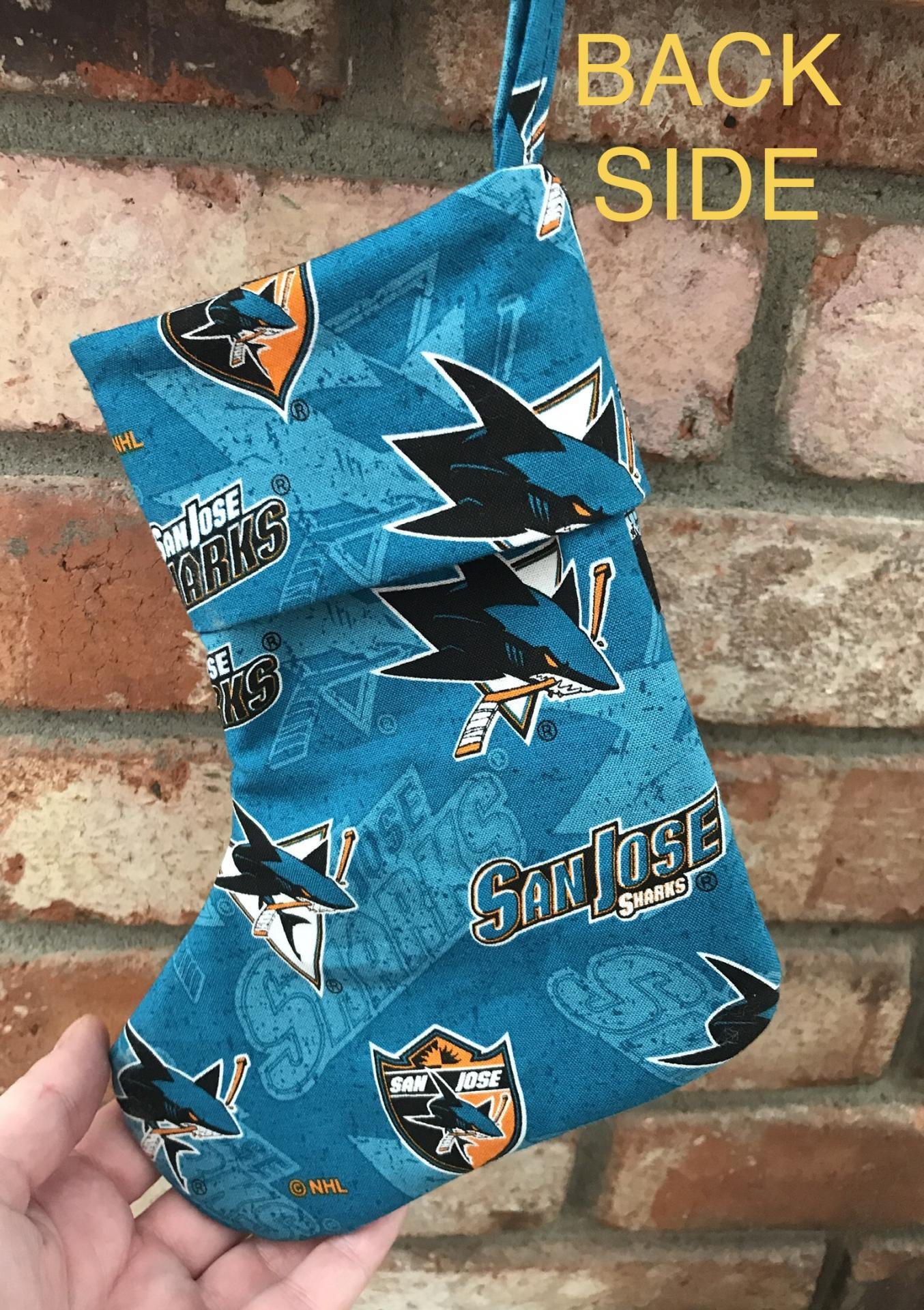 Small 9" San Jose Sharks Christmas Stocking, Quilted SJ Sharks Christmas Stocking, hockey, Sharks Christmas decoration, gift