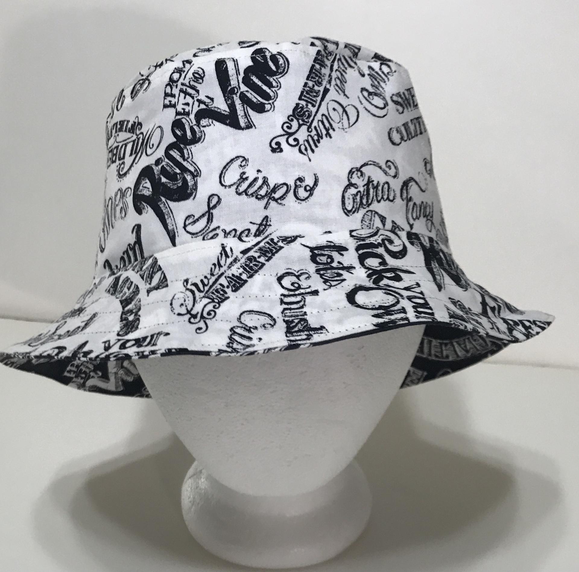 Garden Theme Bucket Hat, Black & White, Reversible Gardening Hat, Sizes up to 4XL, Cotton, Gift for Gardener, Farmers' Market Vegetables, adults or older children