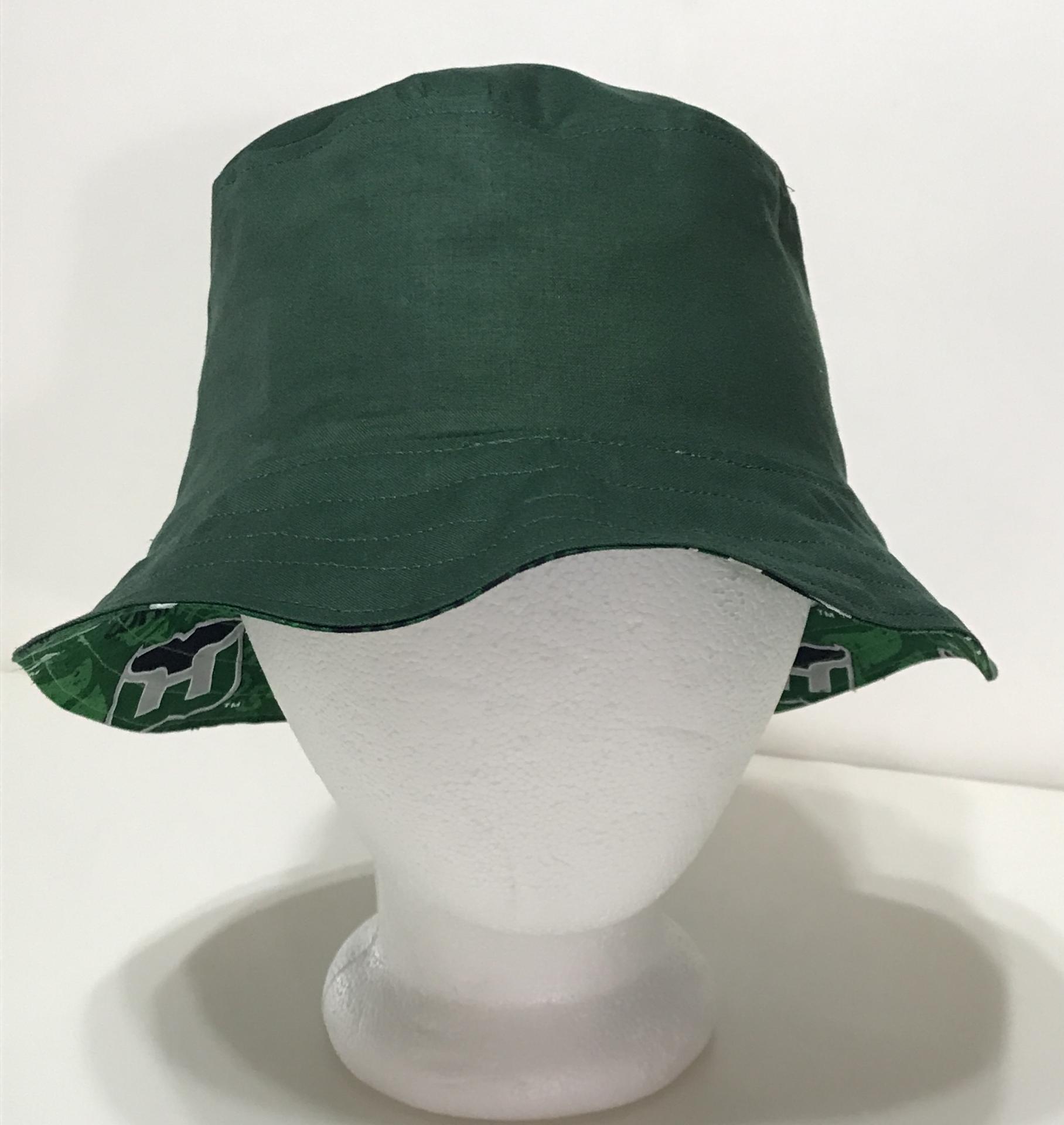 Front view, solid green reverse side of Hartford Whalers bucket hat, handmade