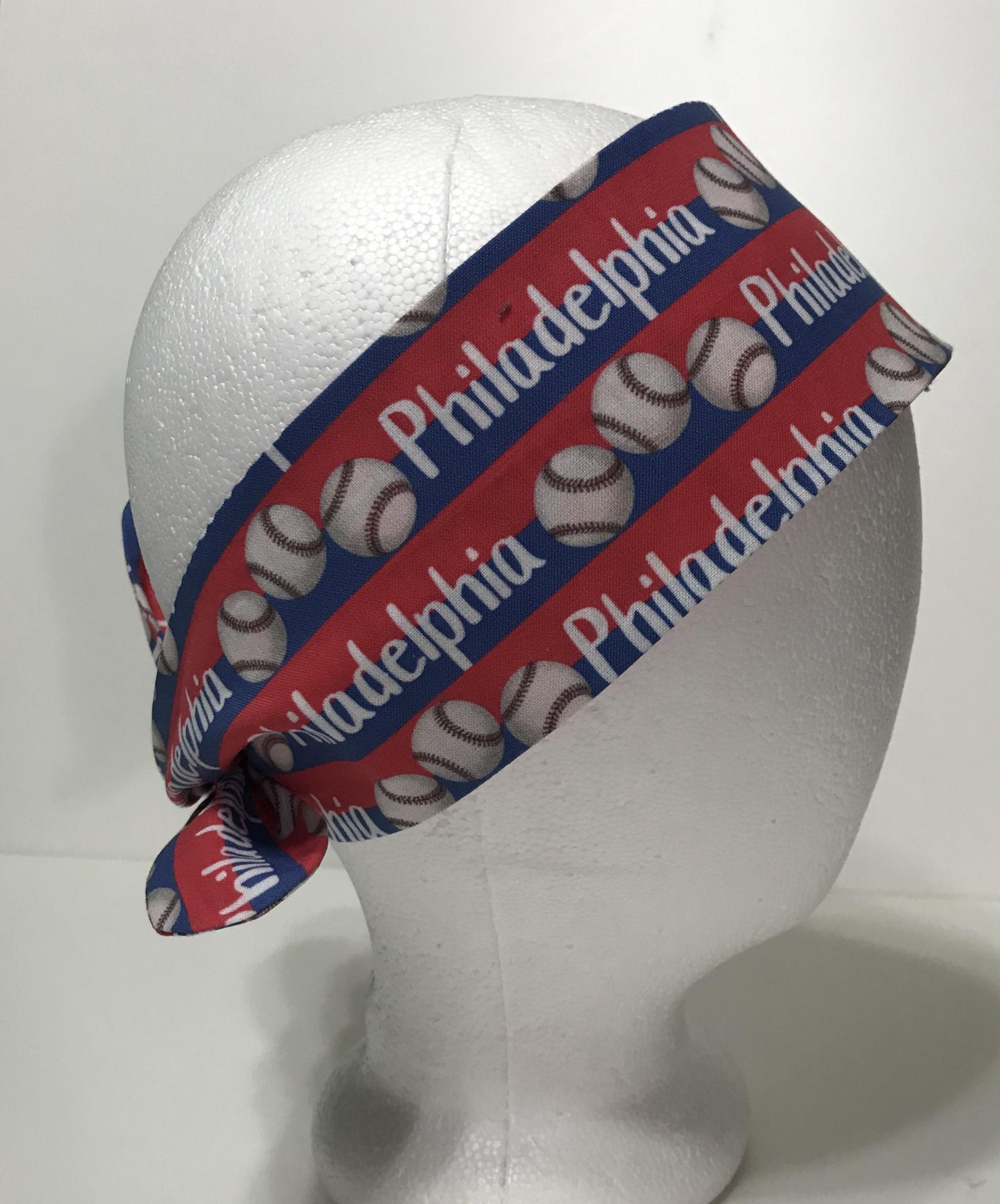 3” wide Philadelphia baseball headband, self tie, hair wrap, headband, pin up style, scarf, hair tie, bandana, retro, rockabilly