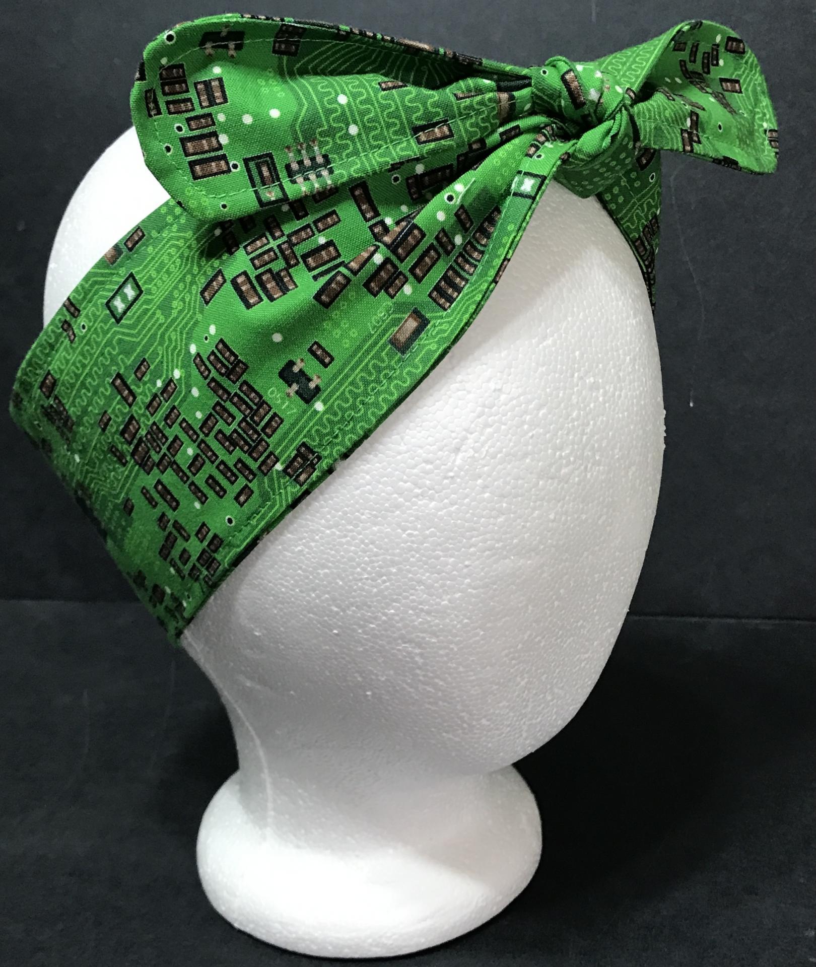 3" Wide green printed circuit board fabric head scarf, tied in front