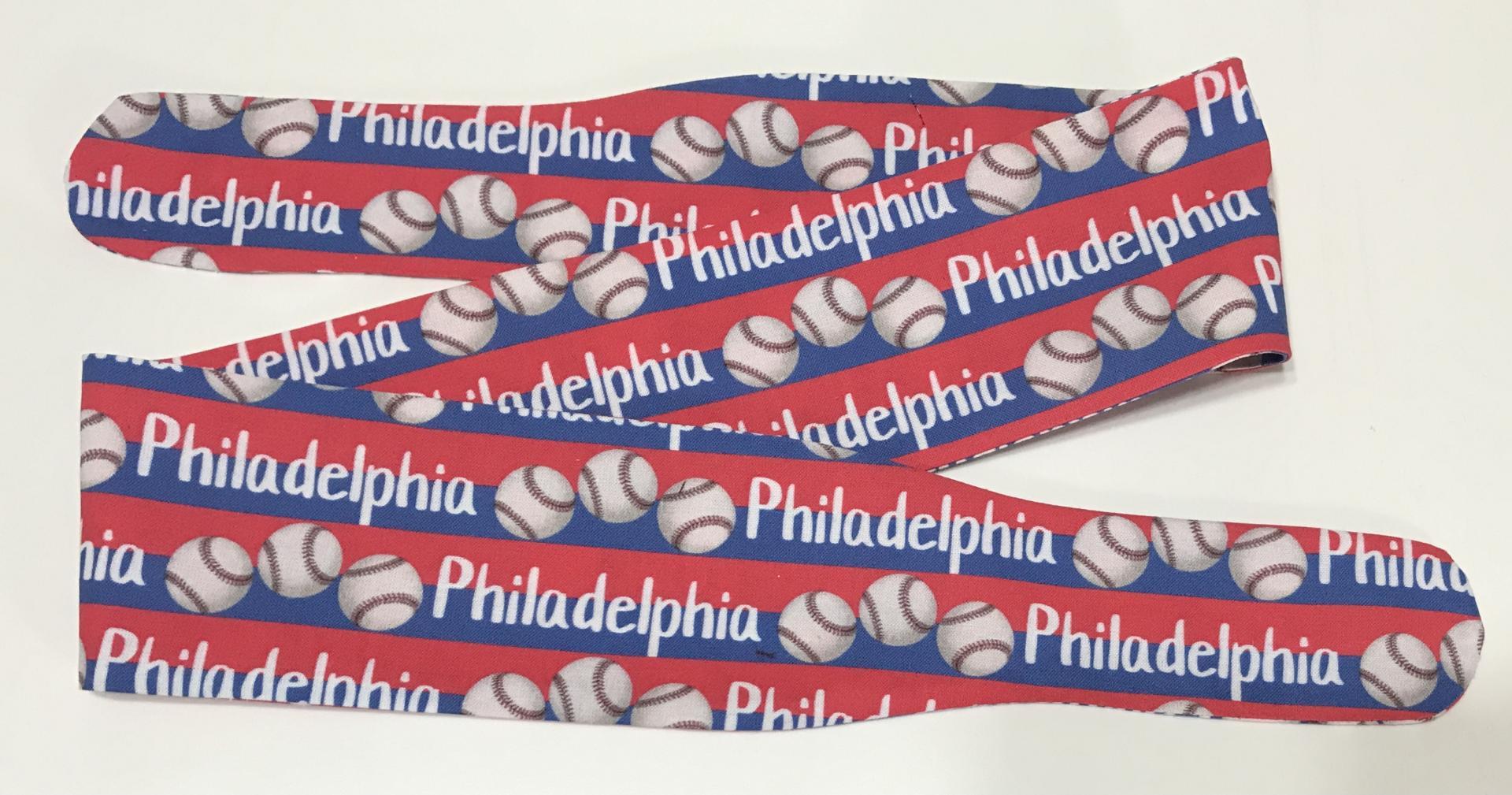 3” wide Philadelphia baseball headband, self tie, hair wrap, headband, pin up style, scarf, hair tie, bandana, retro, rockabilly