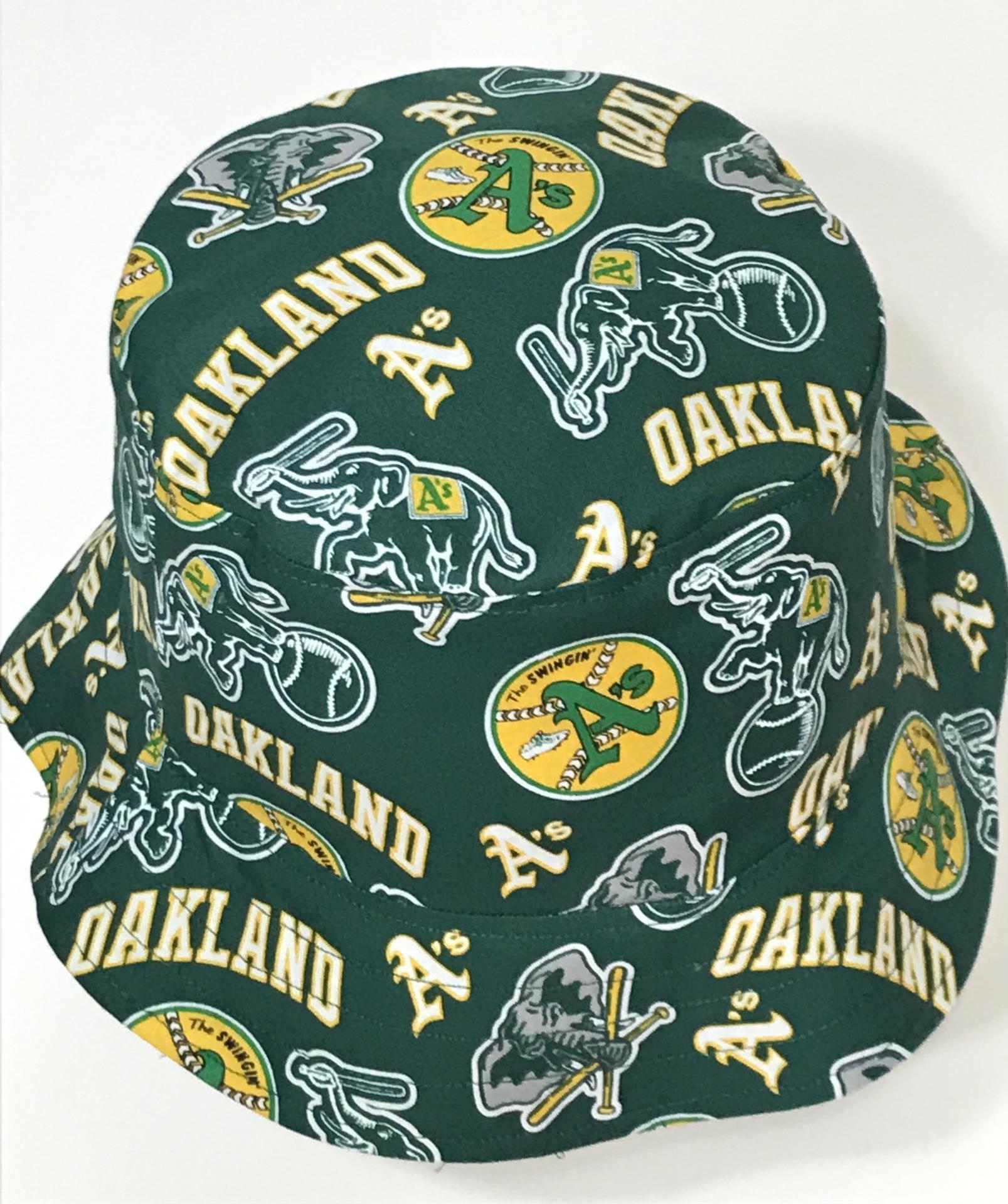 Reversible Oakland A's Swingin' A's bucket hat, top view, handmade