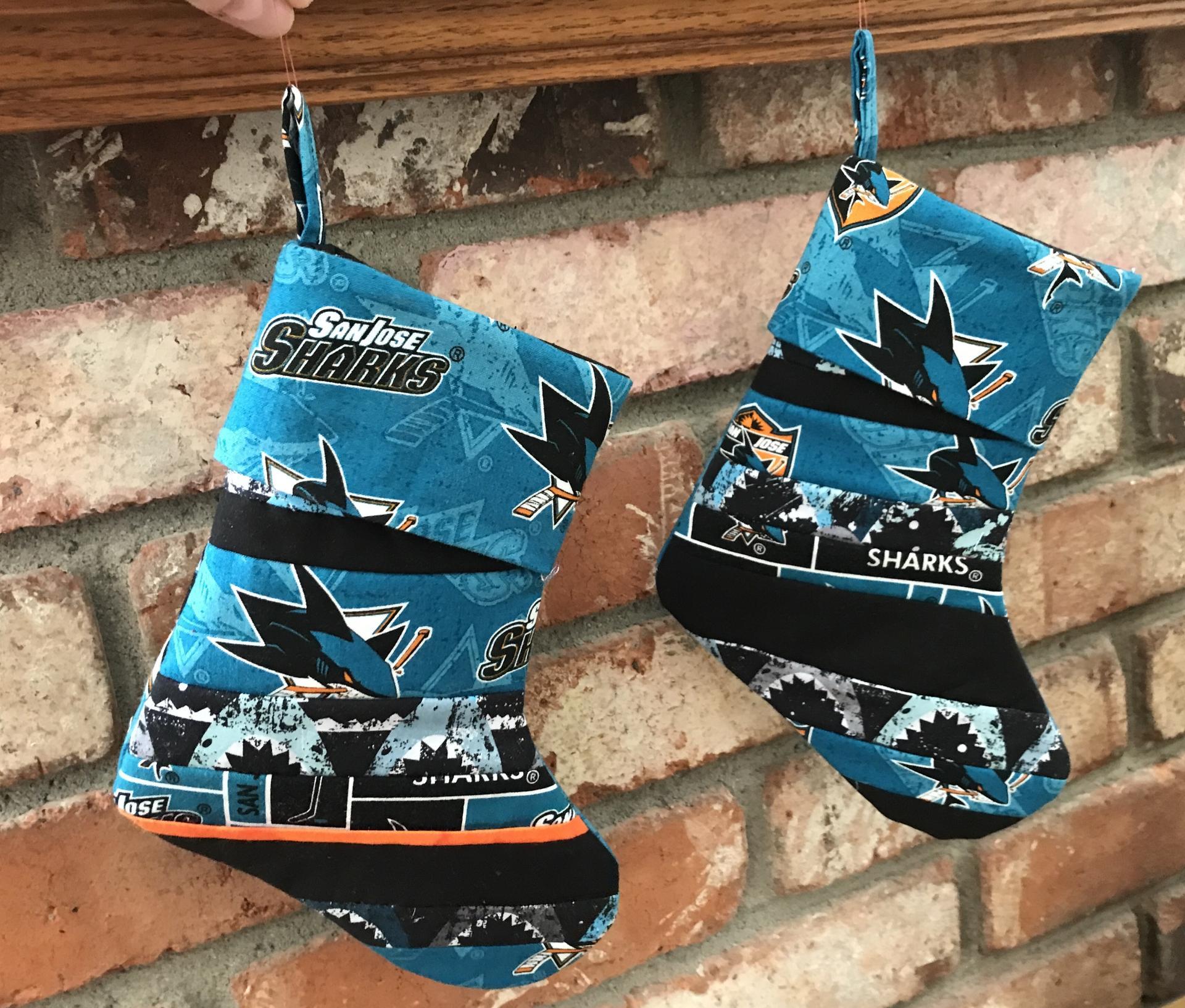 Small 9" San Jose Sharks Christmas Stocking, Quilted SJ Sharks Christmas Stocking, hockey, Sharks Christmas decoration, gift