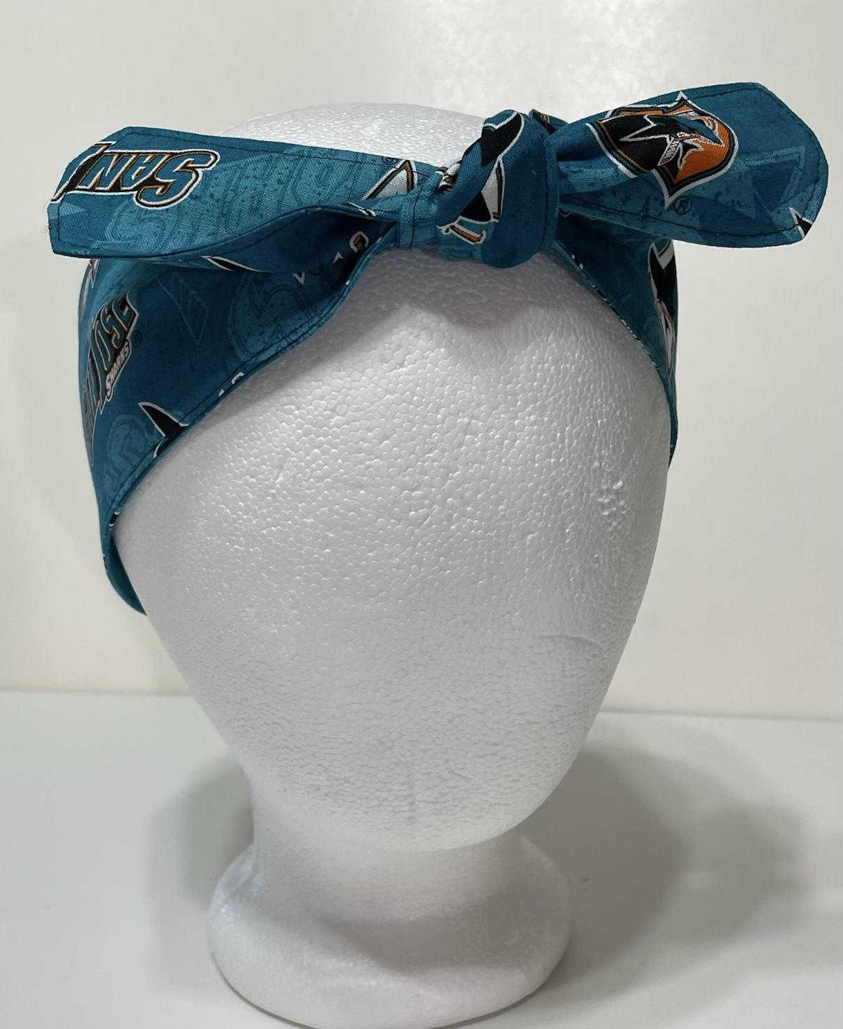 3” wide San Jose SJ Sharks hair tie, hair wrap, headband, pin up, self tie, scarf, neckerchief, retro, rockabilly, Detroit, no wire