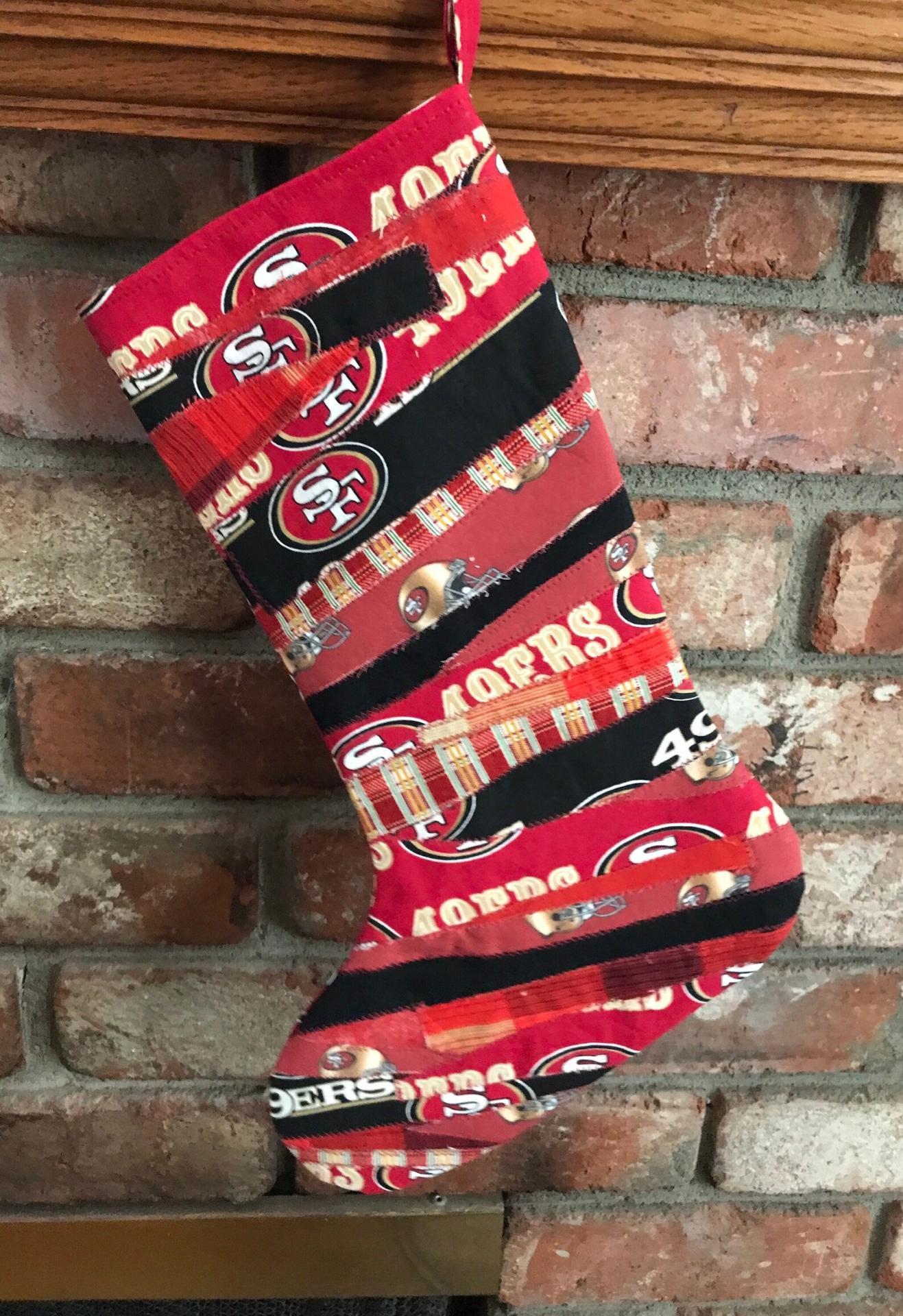 49ers Christmas stocking, scrappy / pieced, red black gold white