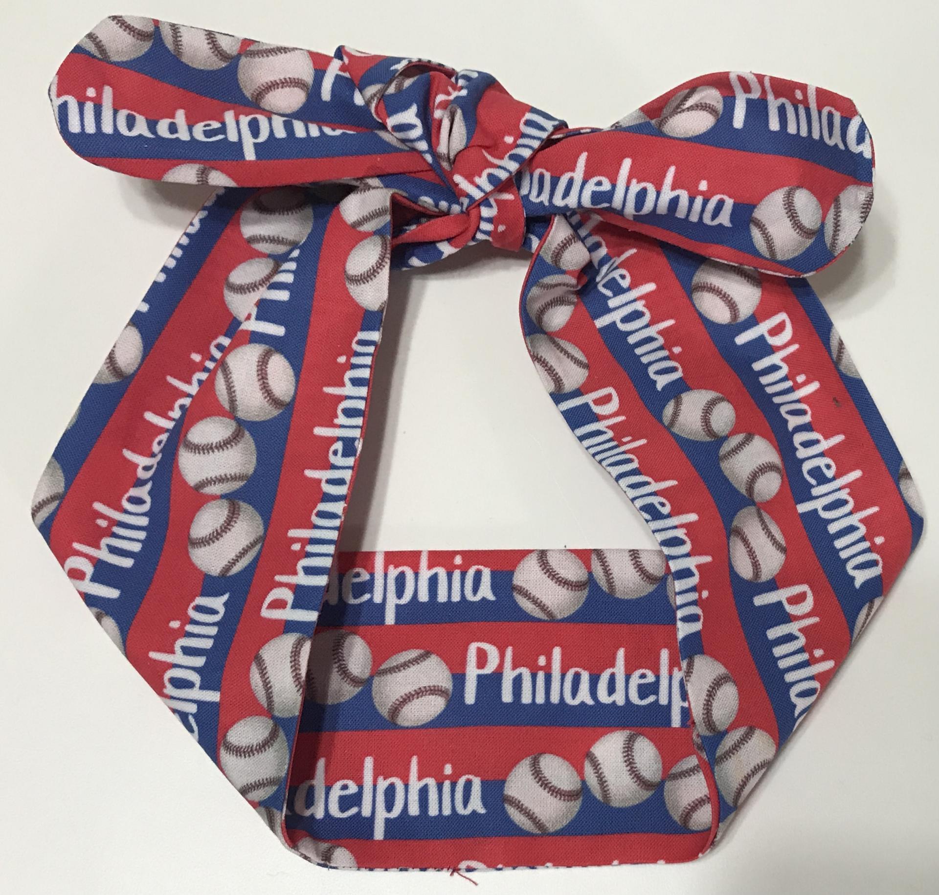 3” wide Philadelphia baseball headband, self tie, hair wrap, headband, pin up style, scarf, hair tie, bandana, retro, rockabilly