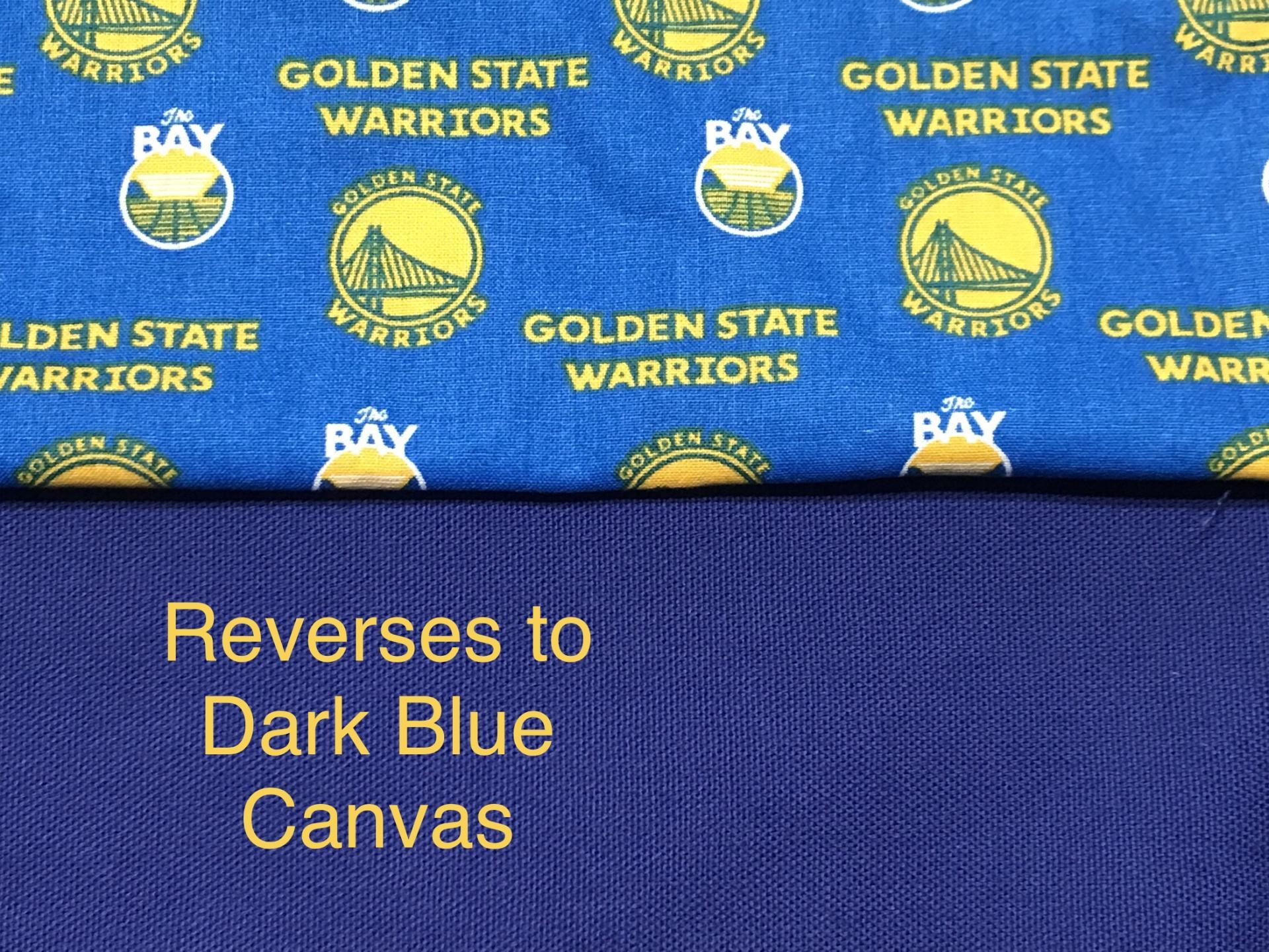 Photo of fabrics on both sides showing the dark blue canvas on reverse.