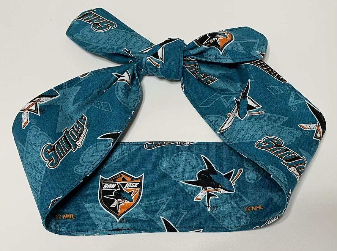 3” wide San Jose SJ Sharks hair tie, hair wrap, headband, pin up, self tie, scarf, neckerchief, retro, rockabilly, Detroit, no wire
