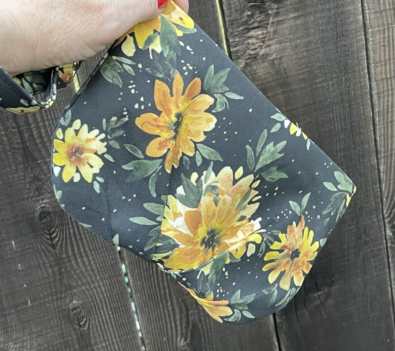 Pleated yellow & black floral wristlet clutch purse, recessed zipper top, removable swivel wrist strap, cosmetic bag, make up pouch, bridesmaid gift, garden wedding