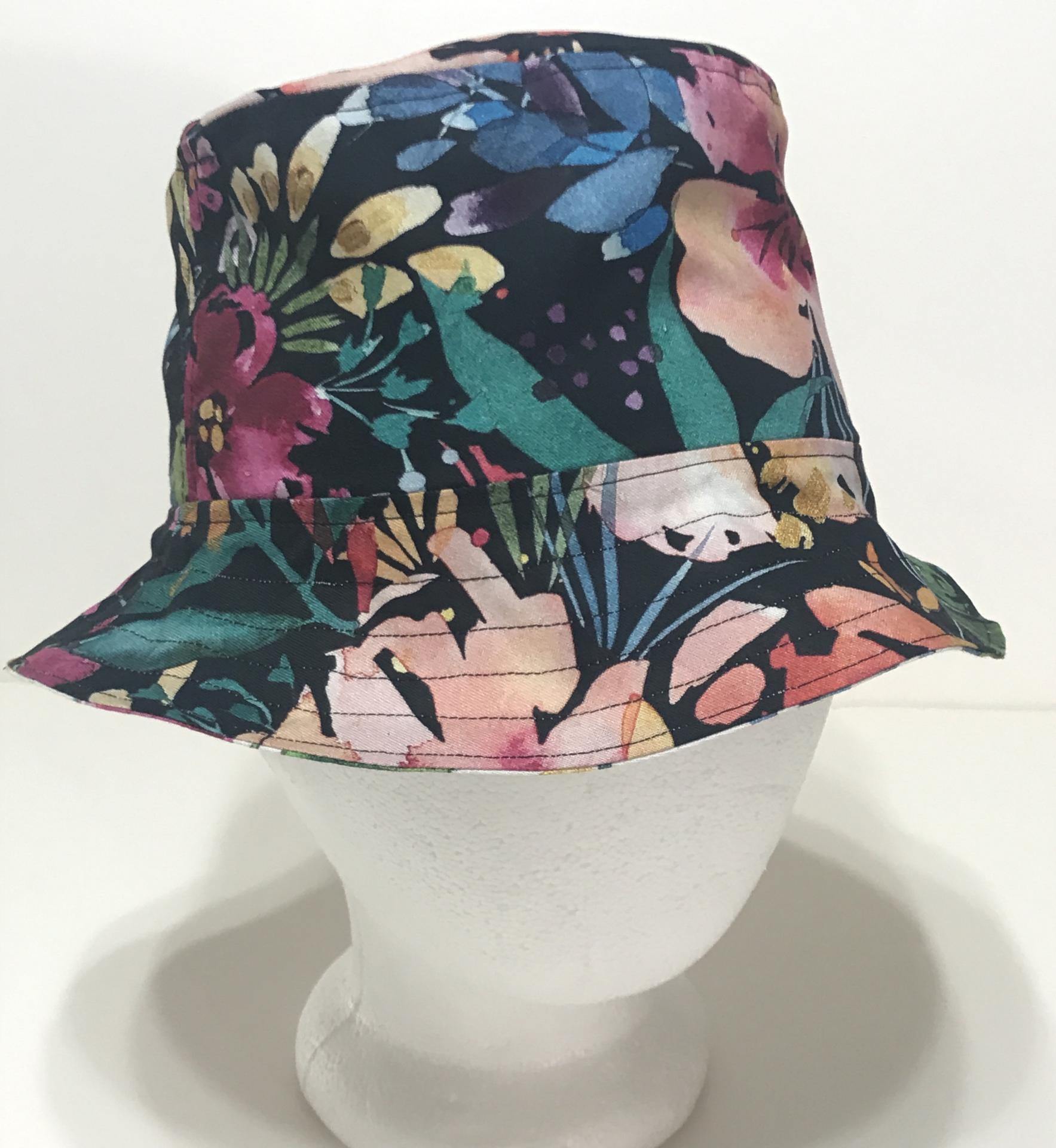 Watercolor floral print bucket hat, black backgound side facing out