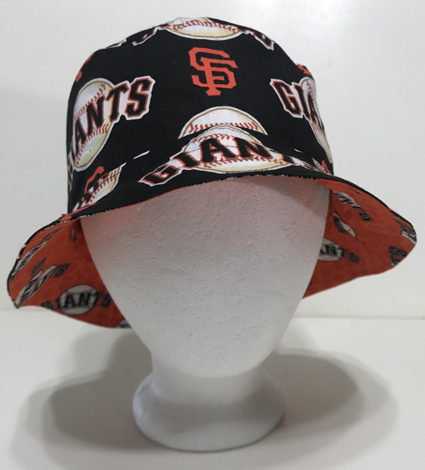 Reversible SF Giants bucket hat, front view with black fabric on outside. 
